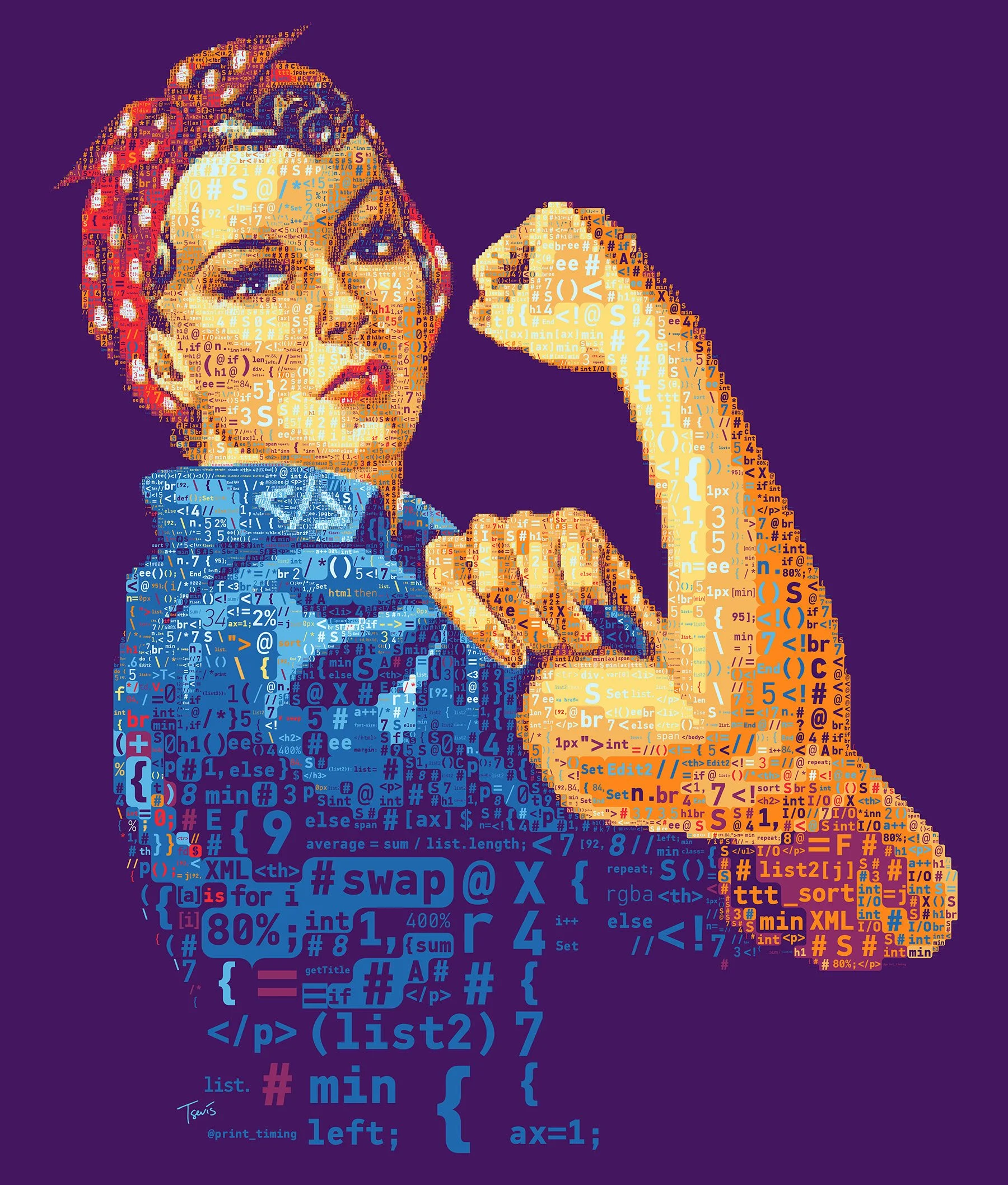 Rosie the Riveter code mosaic – programming languages and syntax as tiny tiles forming the iconic factory worker.