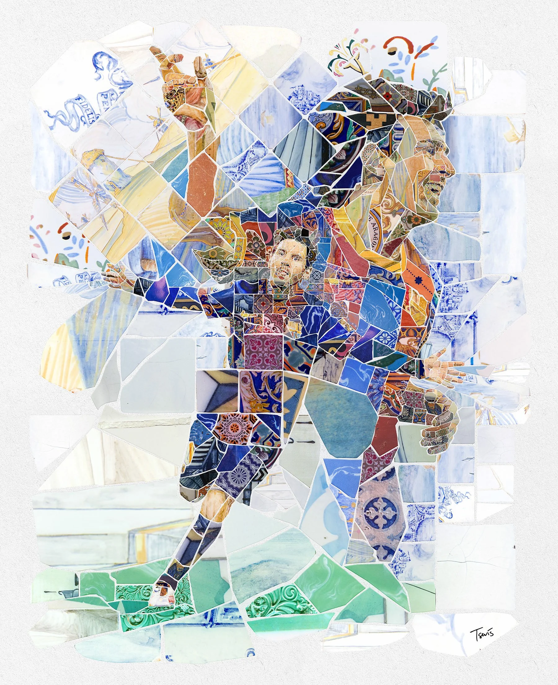 Messi celebrating mosaic – broken azulejo tiles in blue and white. FC Barcelona Art