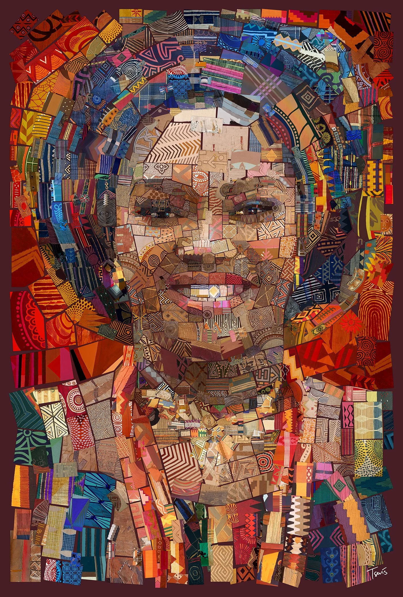 Nigerian woman portrait in warm earth tone textile mosaic - birthday gift celebrating artistic friendship and cultural bonds.