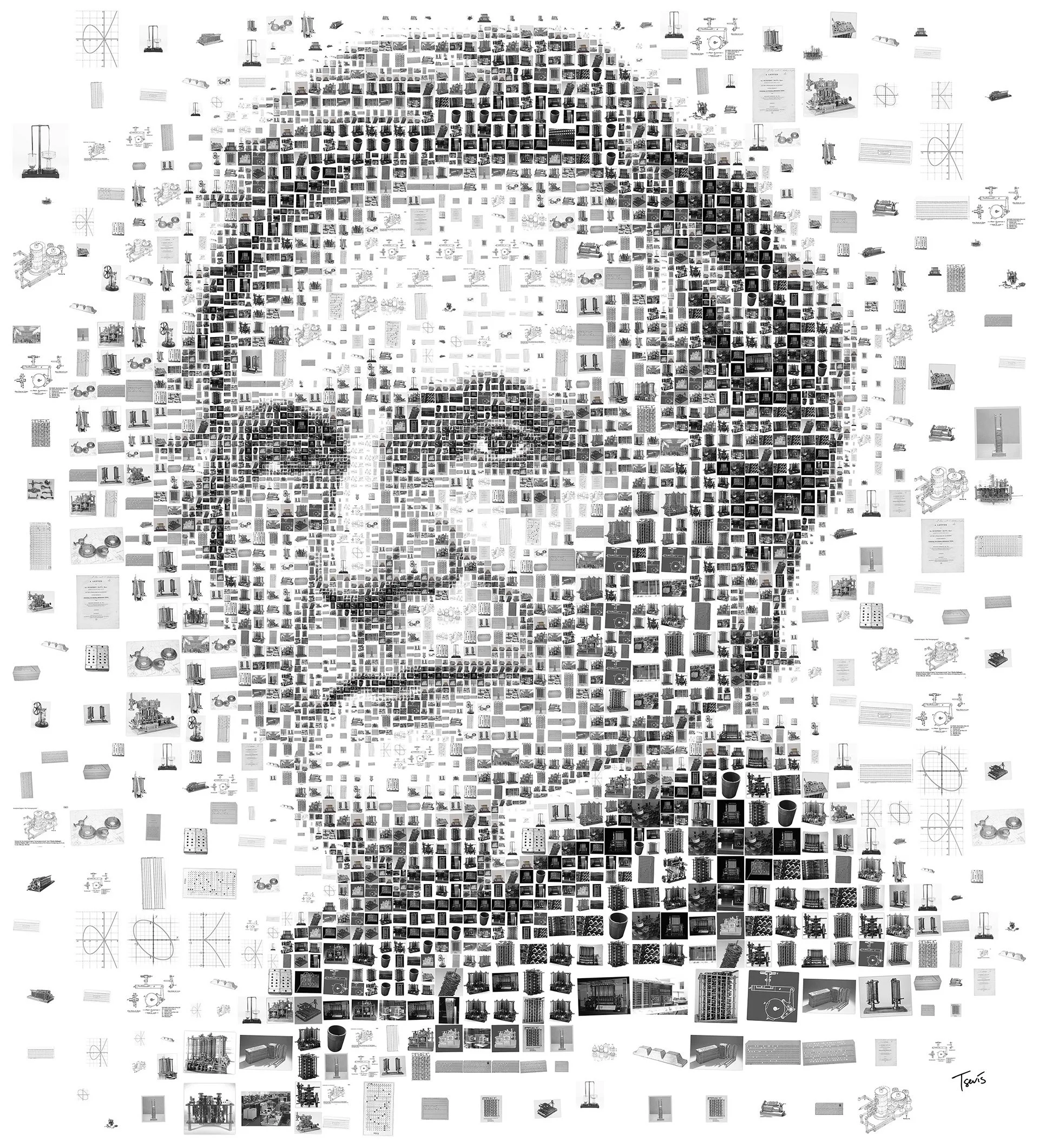 Charles Babbage's contemporary portrait in a mosaic style from computer pieces, corporate art