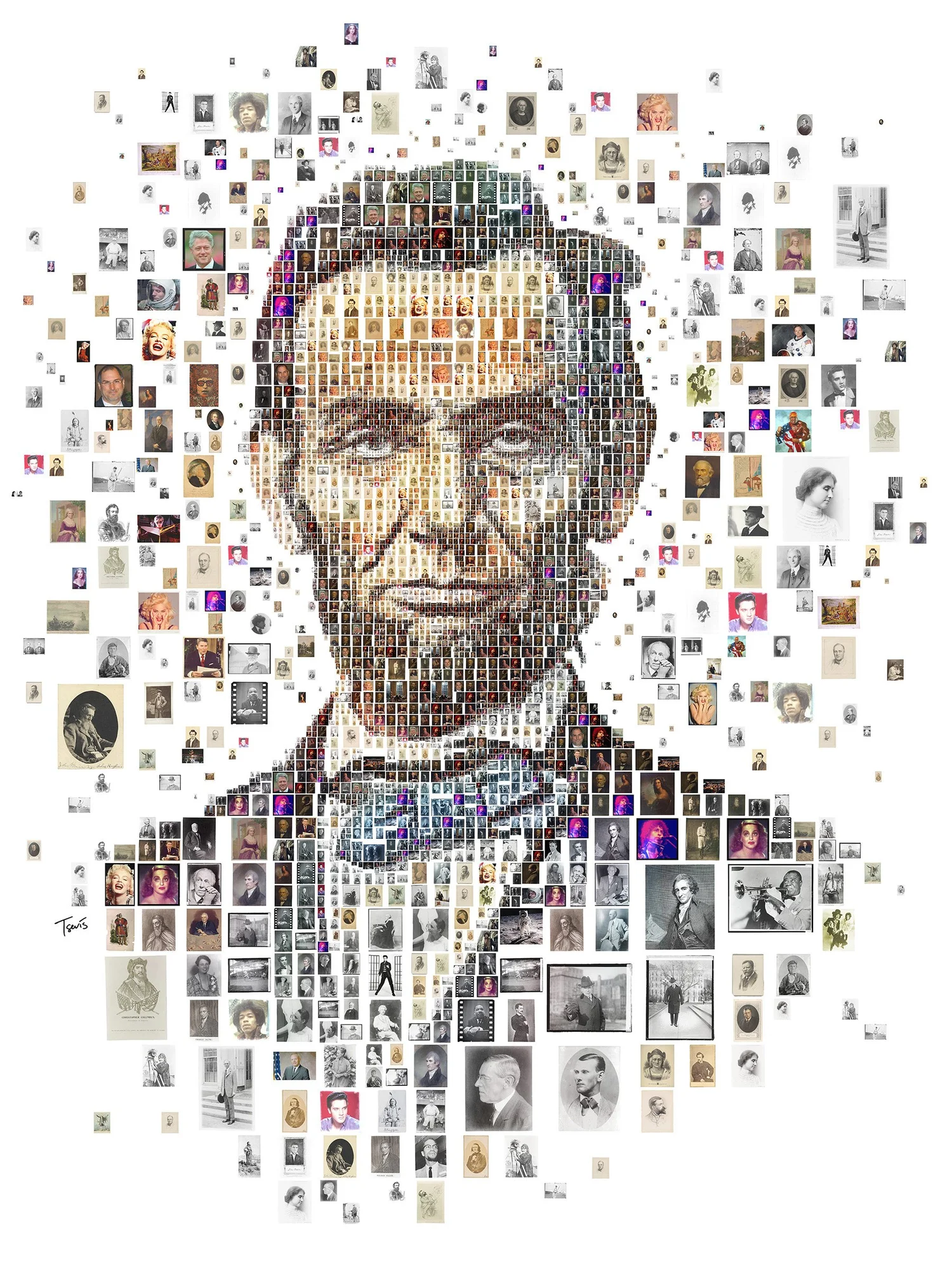 Mosaic portrait of Abraham Lincoln built from small portraits of famous Americans, scattering into loose tiles at the edges