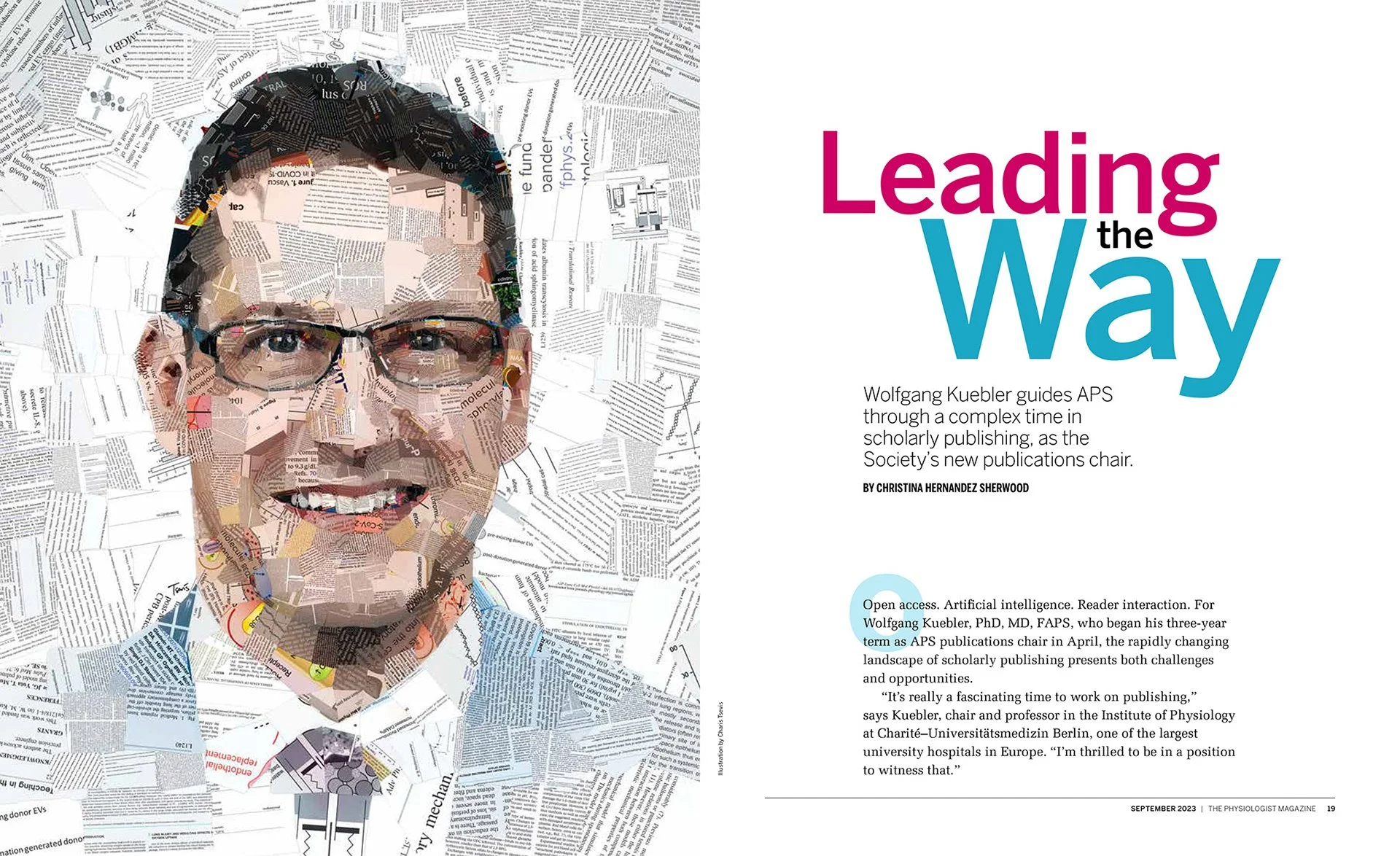Magazine illustration of Wolfgang Kuebler face constructed from fragments of academic papers and research articles