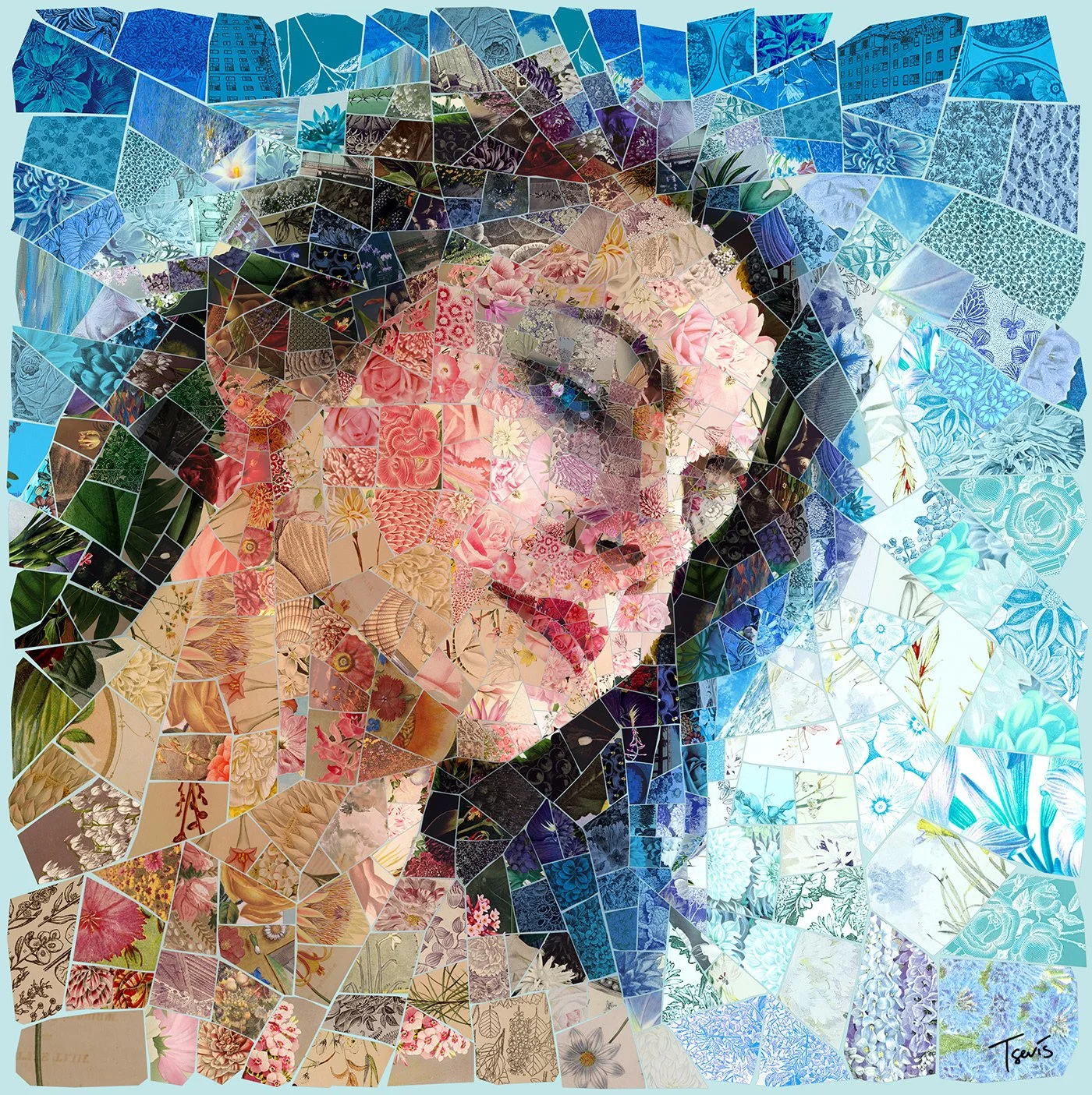 Aphrodite mosaic – flower petals and plant leaves as individual tiles. Retro natural iconography.
