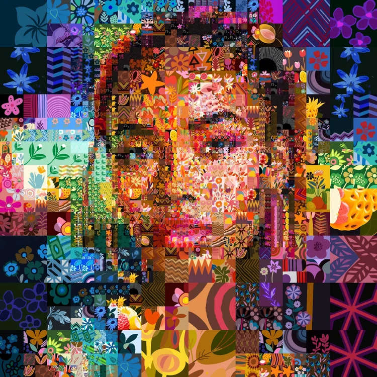 Mosaic portrait of a woman built from illustrated tiles by the Mozaix JohnDaltonAlpha matcher