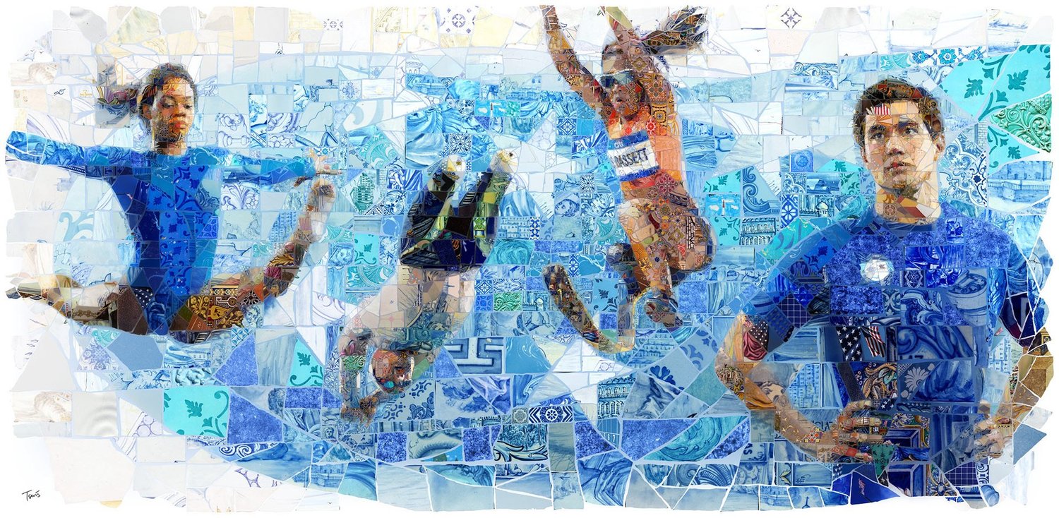 Blue mosaic mural of athletes in motion for the USA House at the Rio 2016 Olympics