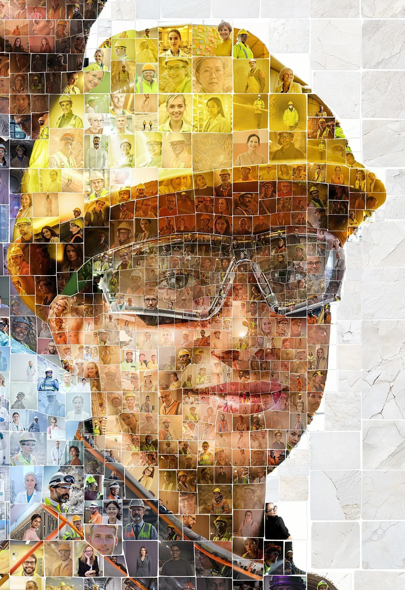 Mosaic portrait of a young worker in a yellow hard hat