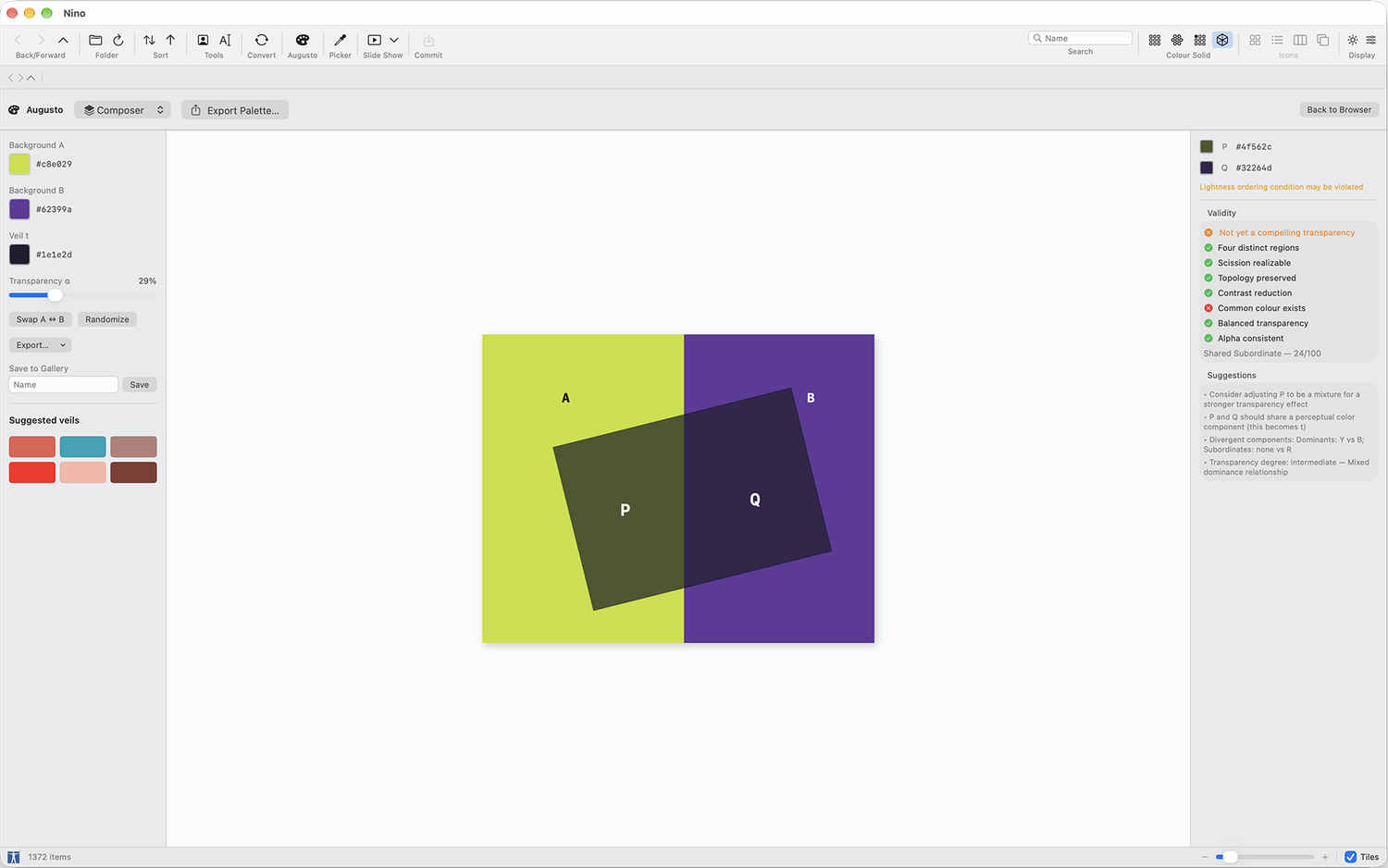 Screenshot of a colour composer showing a lime green and a purple background crossed by a dark transparent rectangle, with a validity checklist for transparency