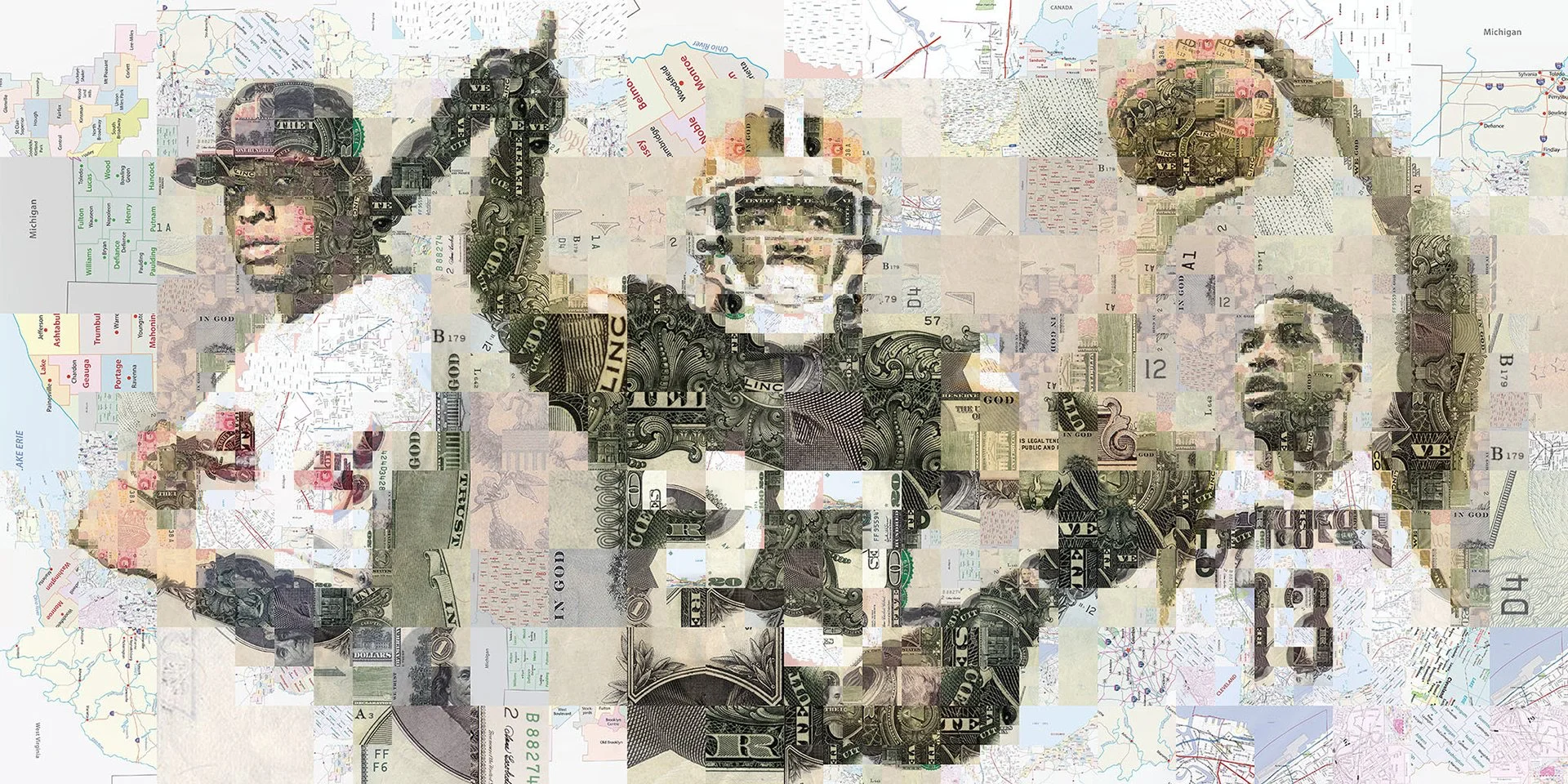 mosaic from banknotes and state road maps