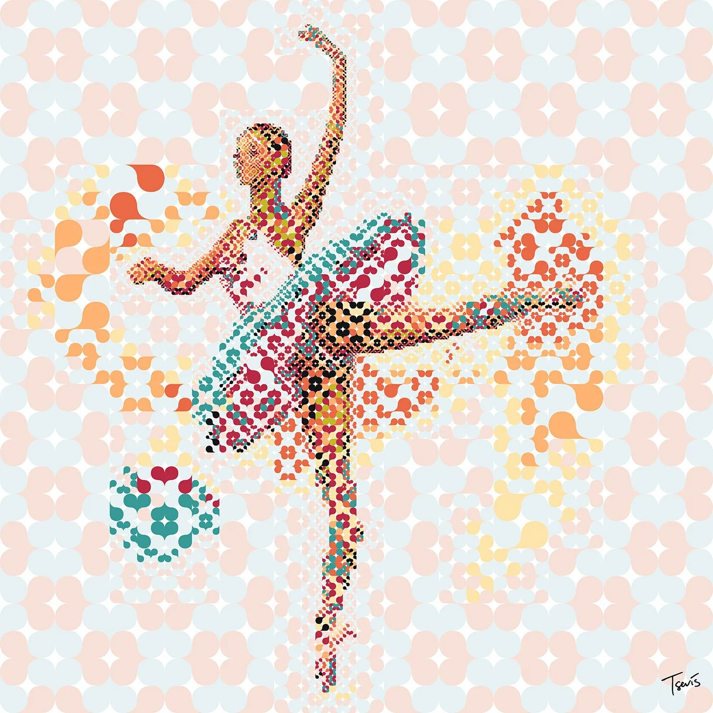 digital mosaic based on heart shapes showing a ballerina