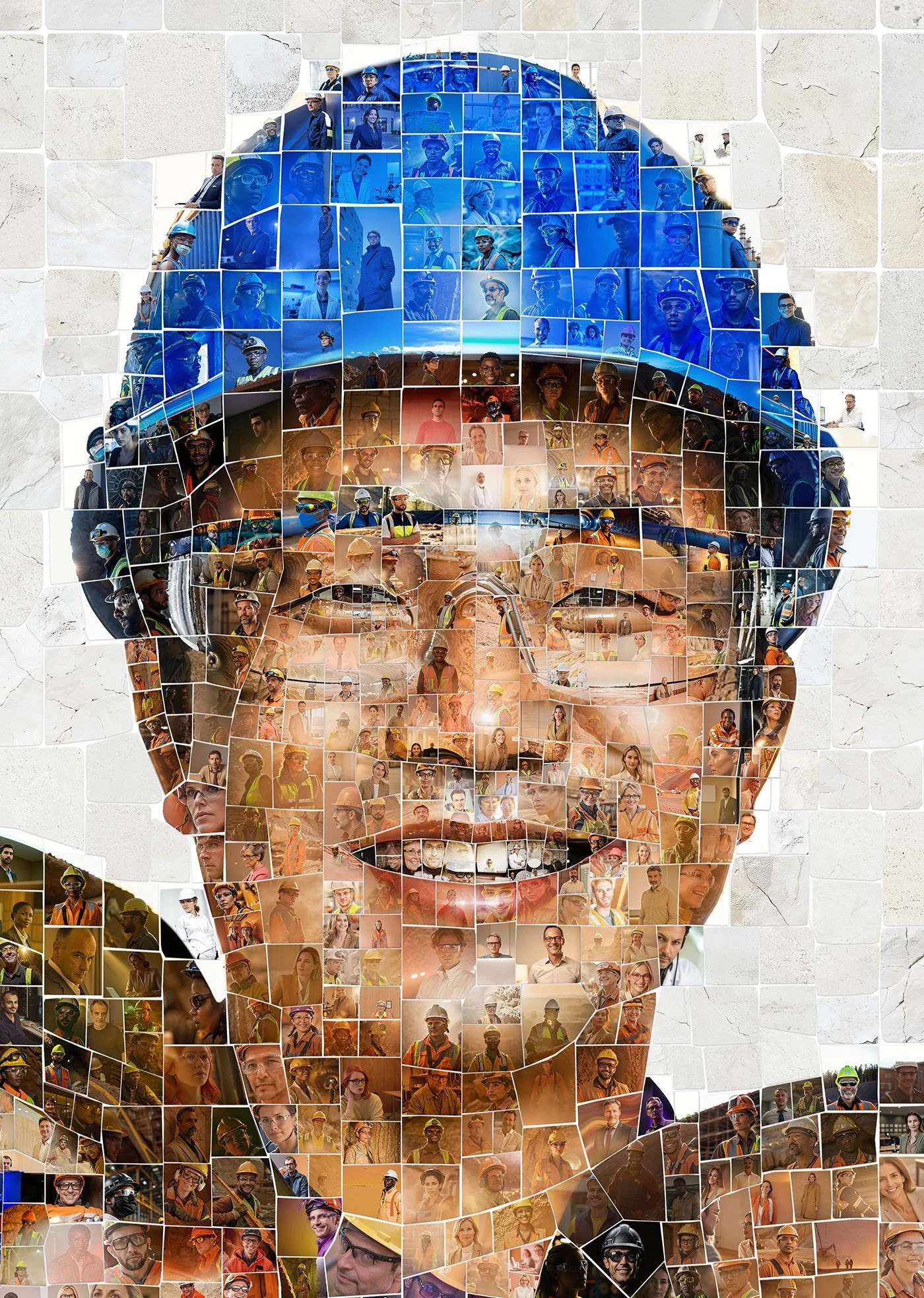 Mosaic portrait of a smiling worker in a blue hard hat and safety glasses