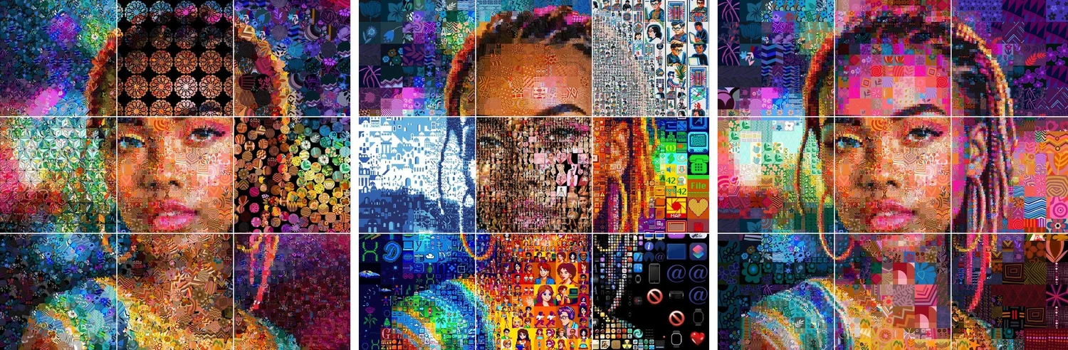 Three square figures side by side, each a portrait of the singer Tyla in nine parts: nine grids, nine tile libraries and nine matching rules, twenty-seven mosaics in all