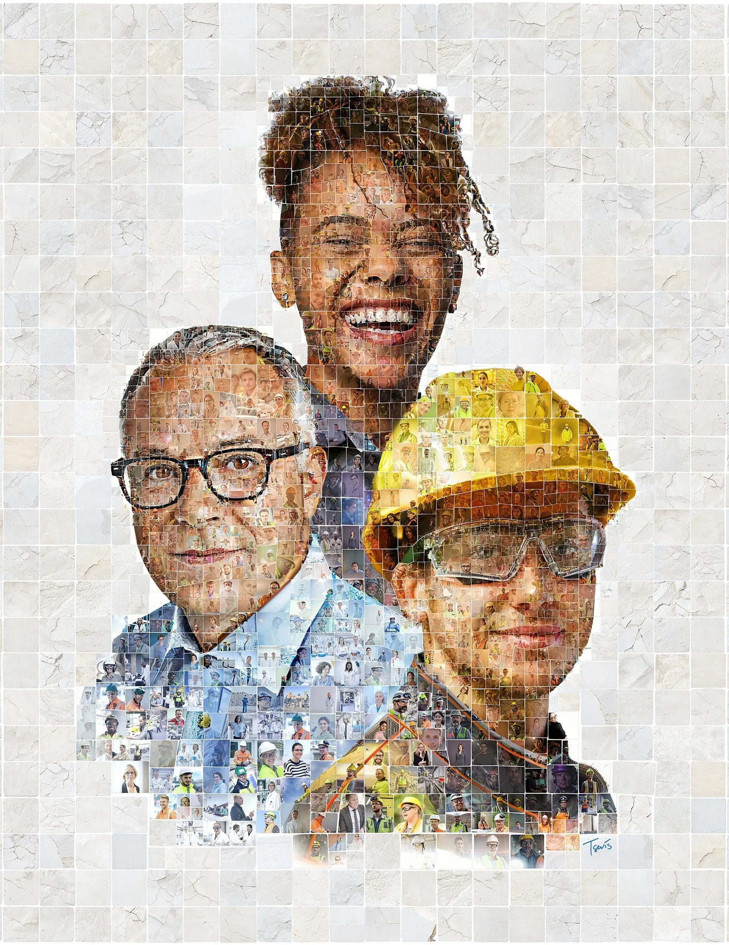 Photomosaic of three Lhoist employees of different ages, one in a yellow hard hat