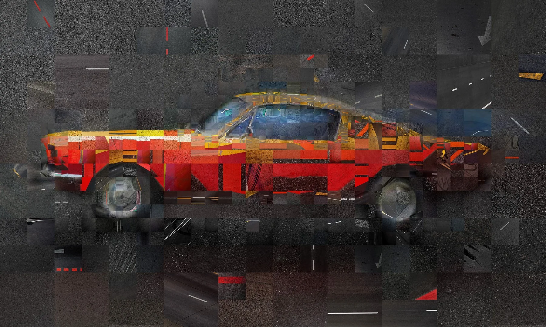 Mustang side profile mosaic – classic American muscle car from road texture tesserae.