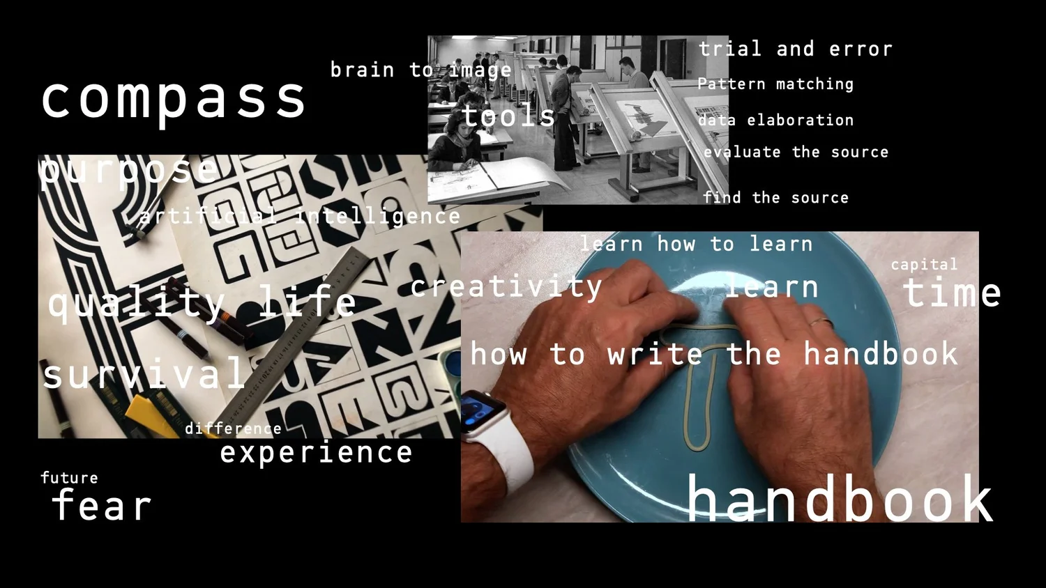 Three-part montage: a drafting-table studio, a geometric pen drawing and hands shaping gold wire