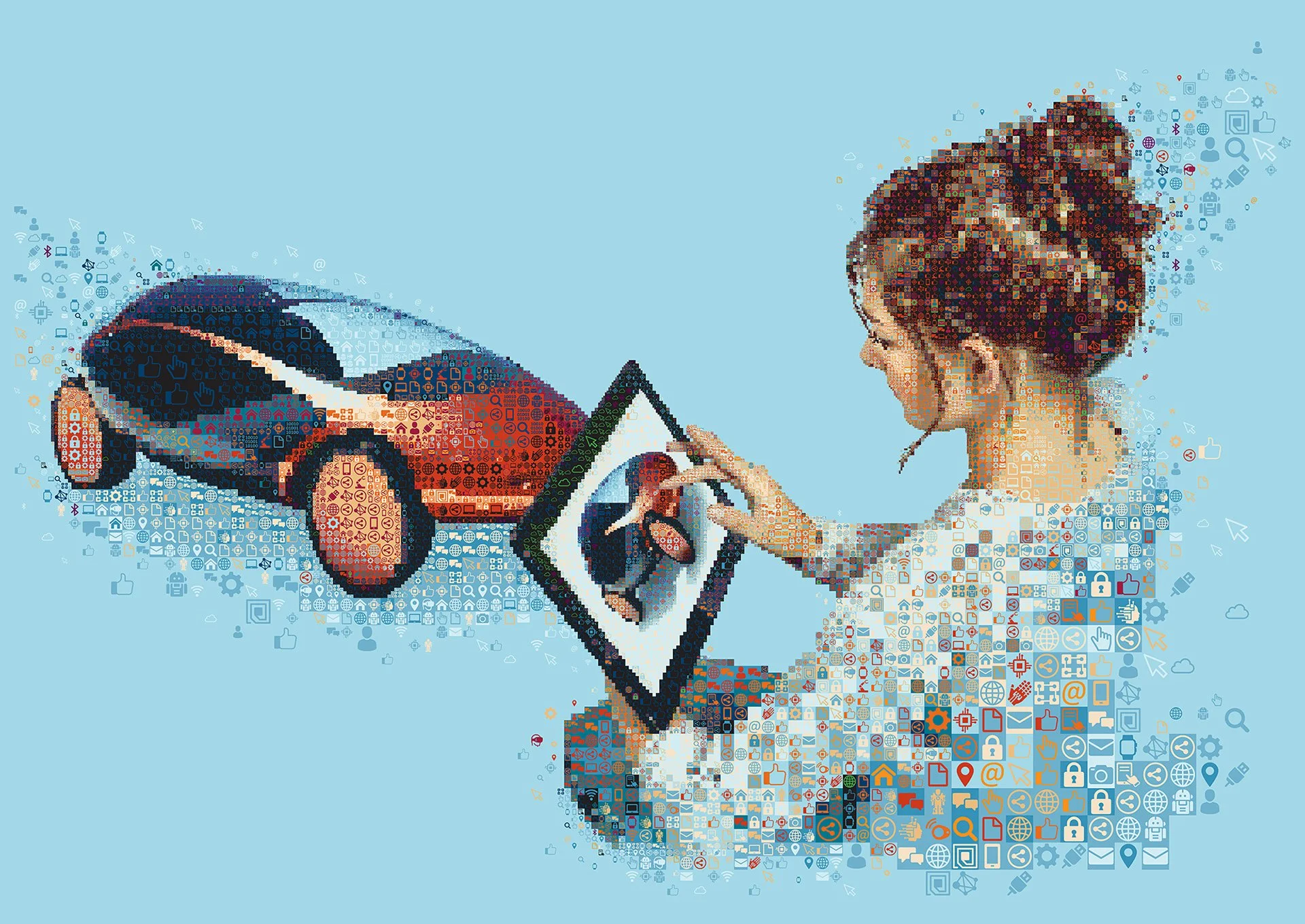 Mixed Reality mosaic. Industrial Revolution educational artwork.