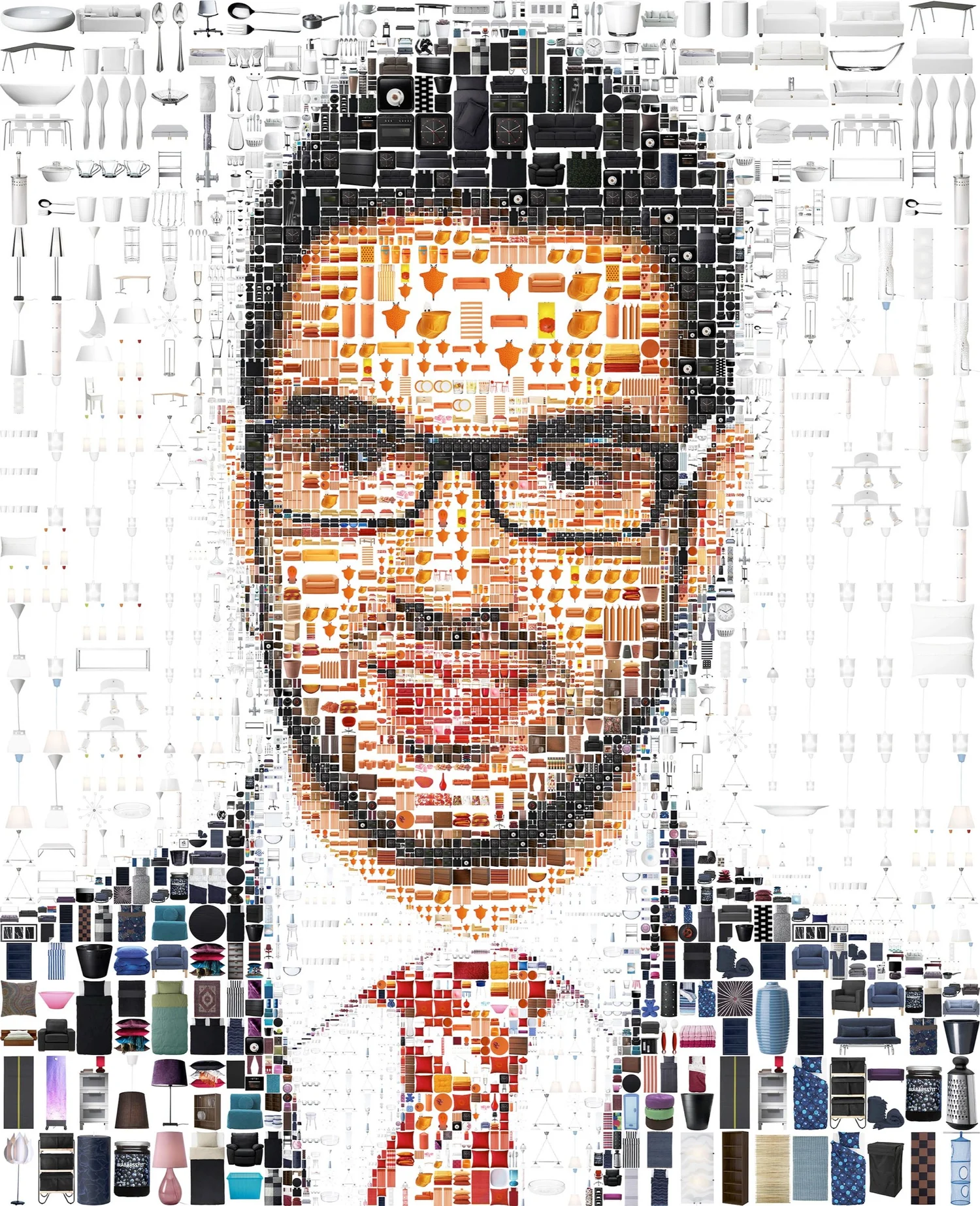 Photo mosaic portrait of a man in glasses and a red tie made from photographs of IKEA products of varying sizes