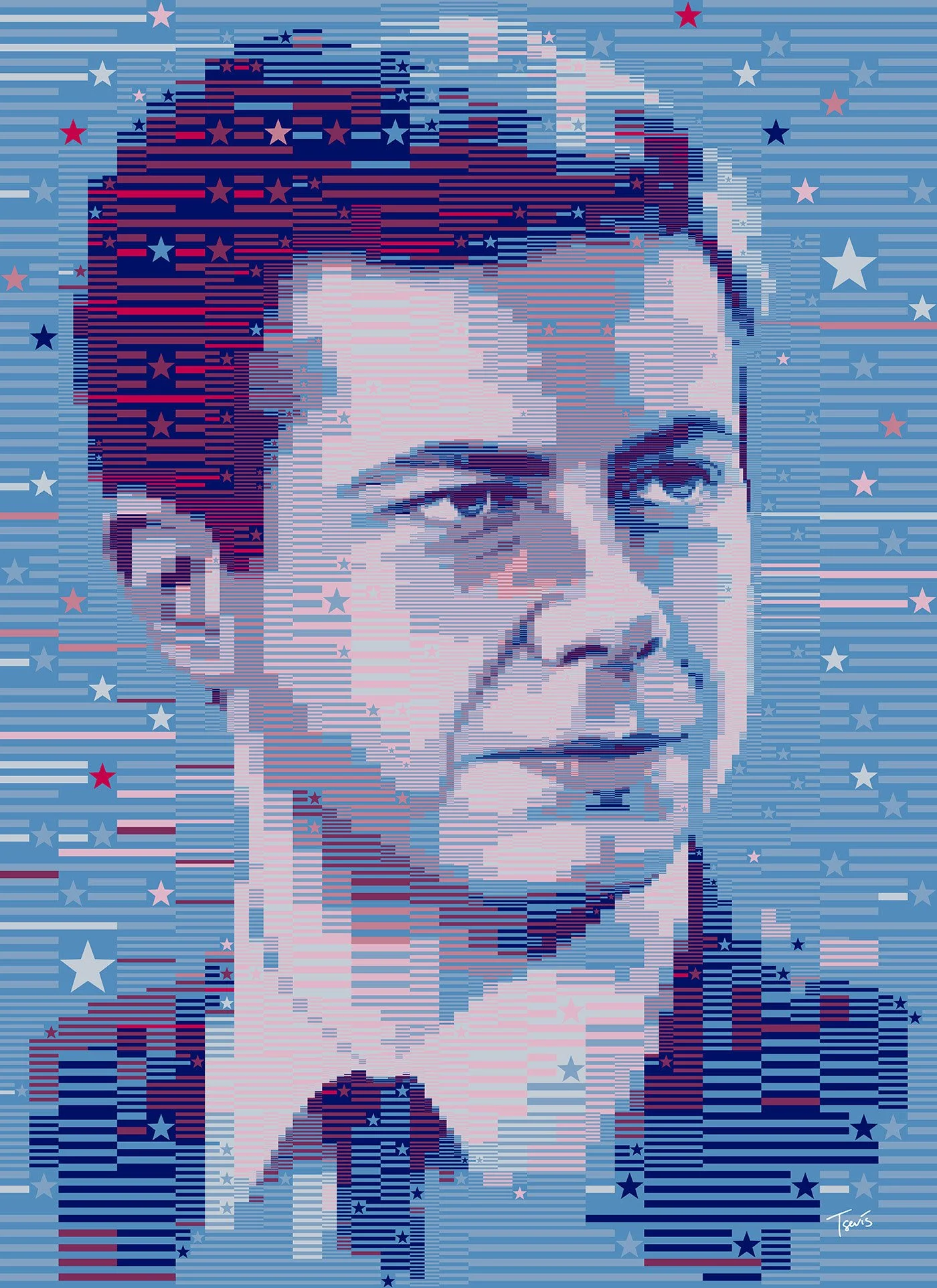 Mosaic portrait of Democratic presidential candidate Pete Buttigieg created with stars and stripes.