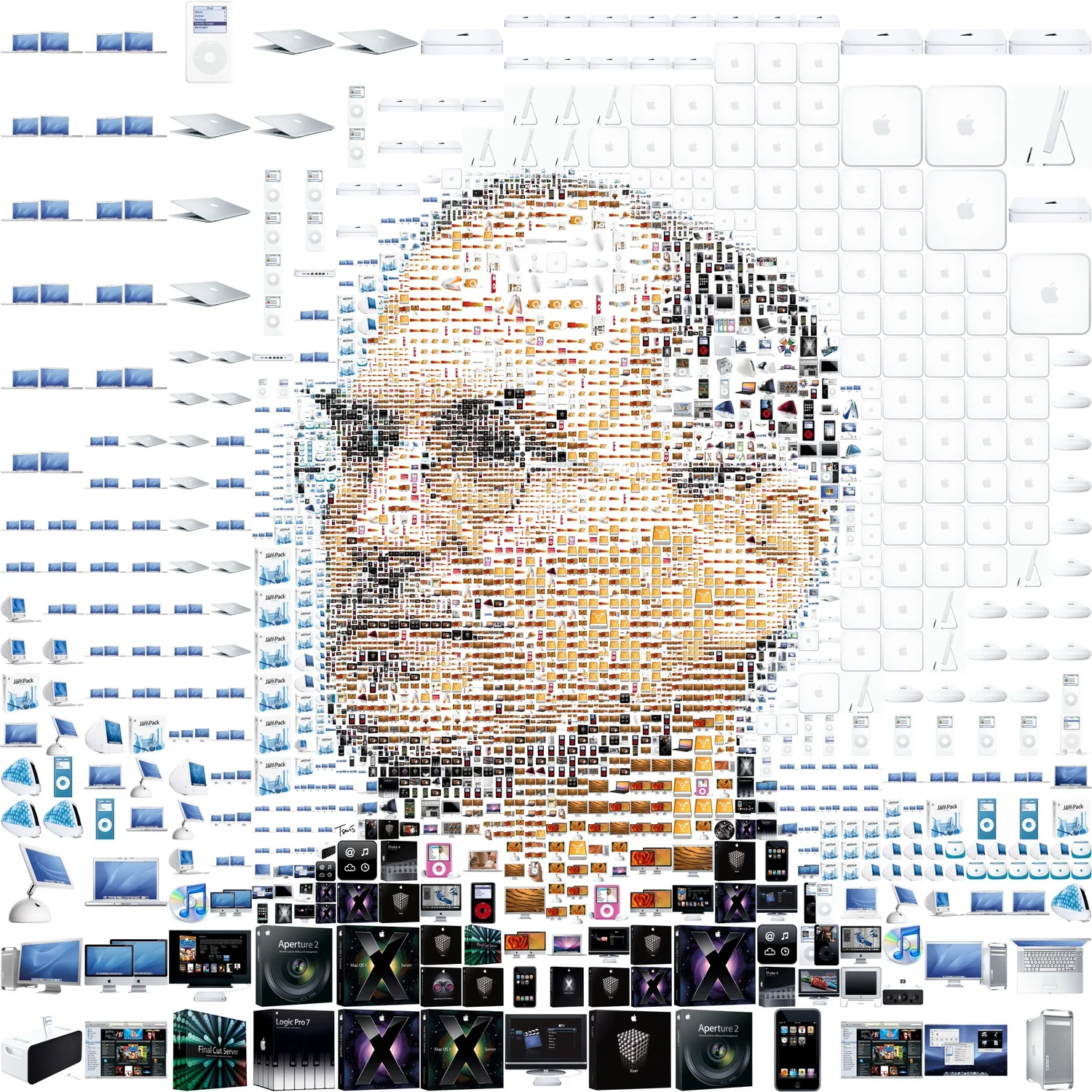 Photo mosaic portrait of Steve Jobs made from pictures of Apple products, in pieces of many sizes on white
