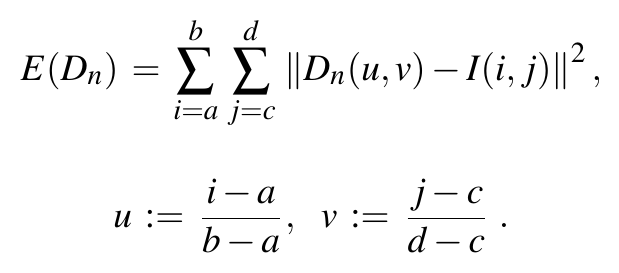 Equation: E of D n equals the double sum over the sub-image of the squared norm of D n minus the image
