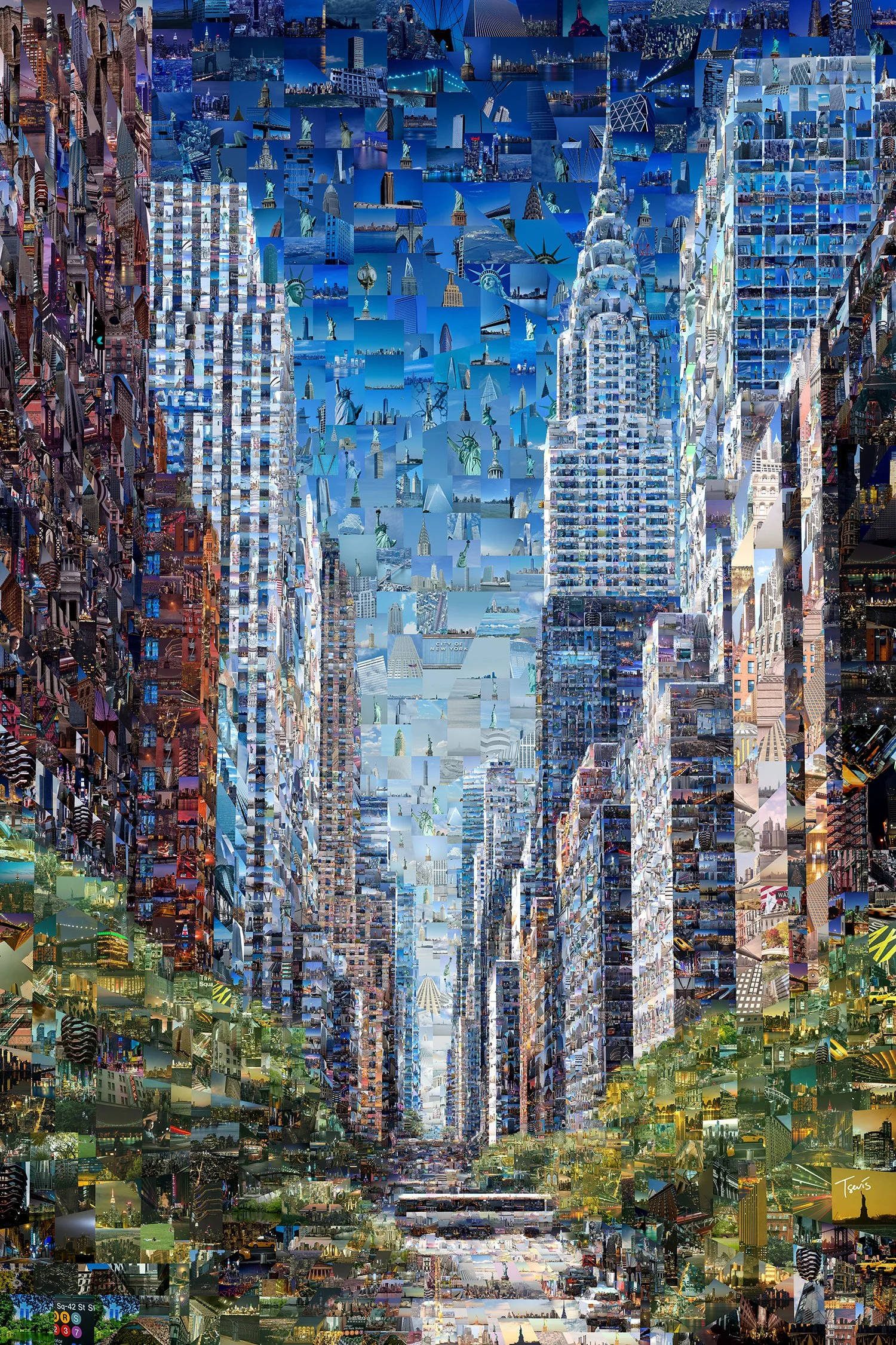 Photo mosaic of the Chrysler Building above a New York avenue in spring