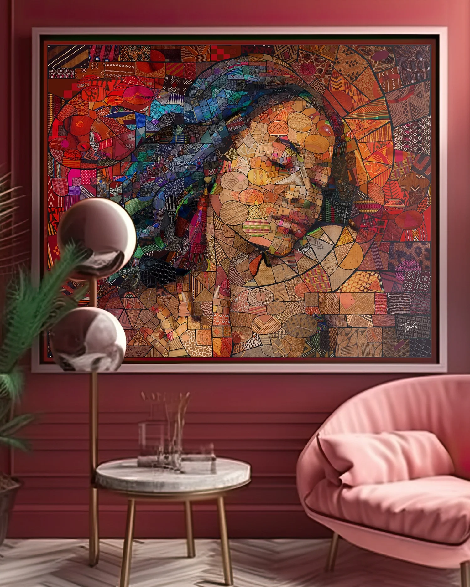 Framed mosaic of a woman with closed eyes and flowing blue hair, shown in a pink living room with a chair