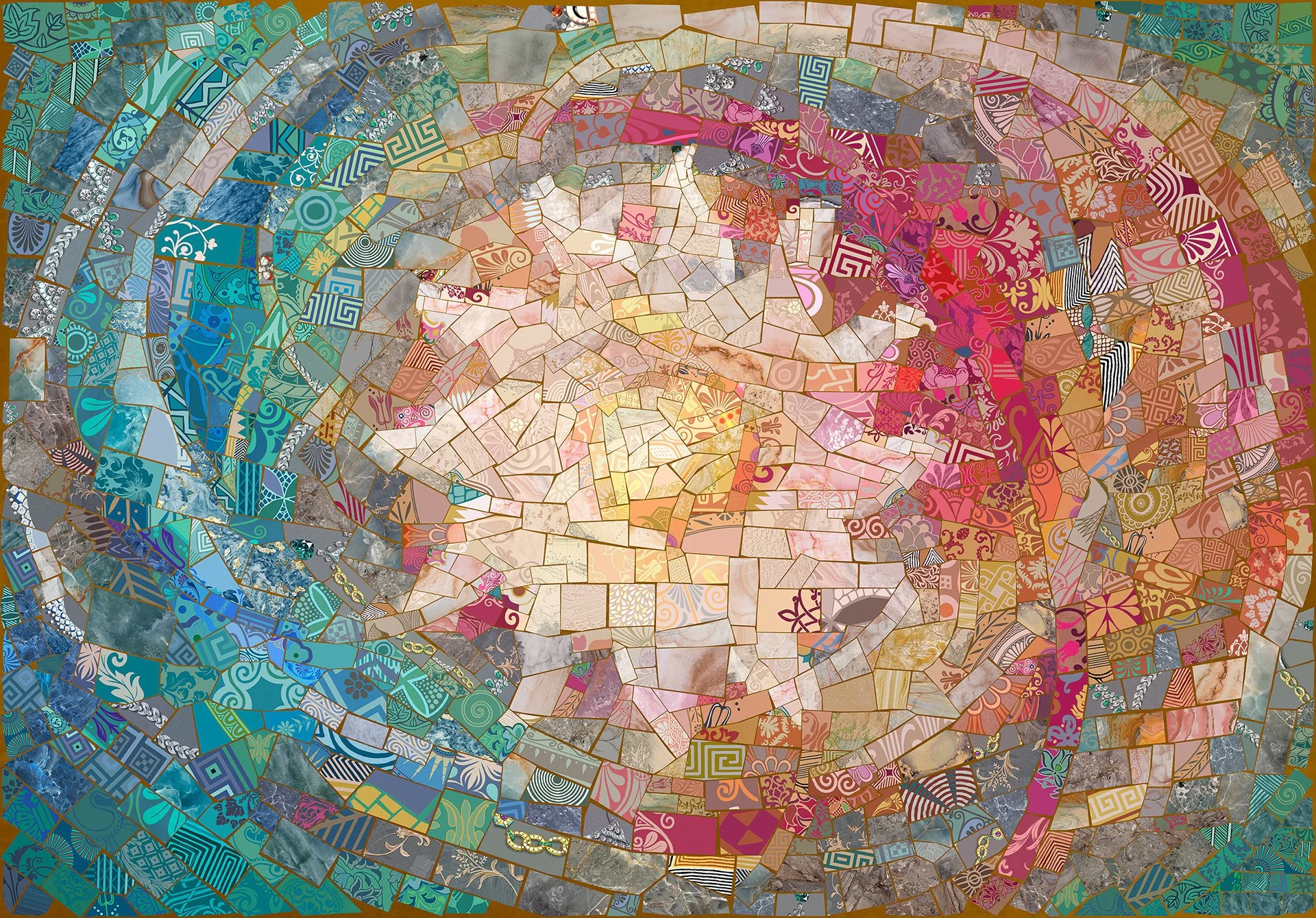 A photomosaic featuring a radiant sunburst effect, blending intricate patterns and fresh fruity hues in a harmonious composition.