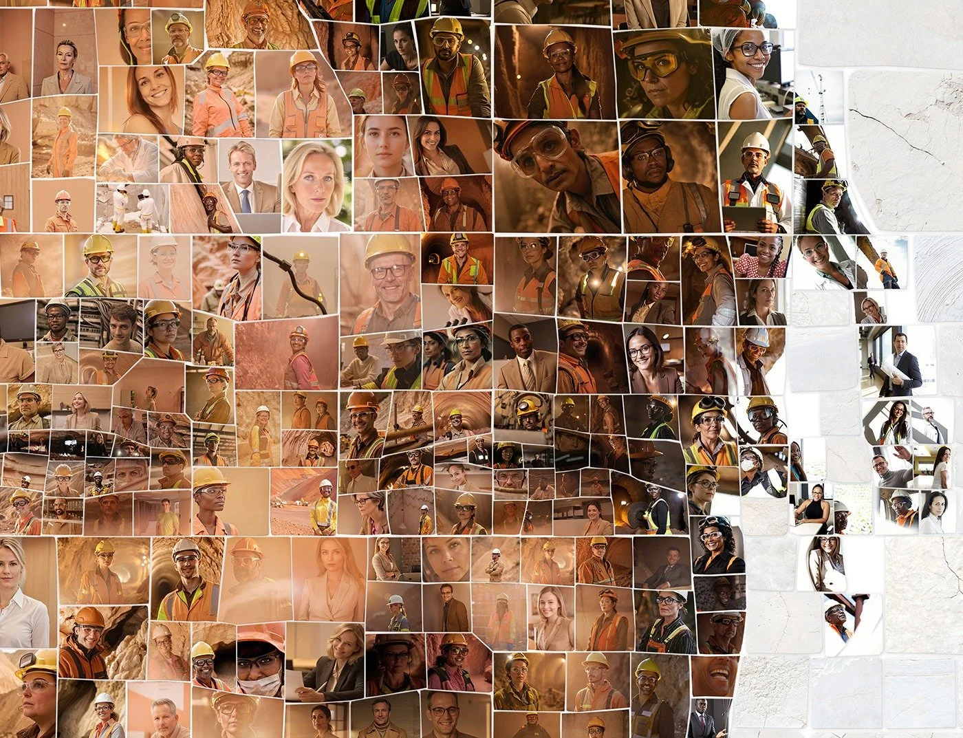 Close-up detail of a Lhoist photomosaic portrait showing the employee photos used as tiles