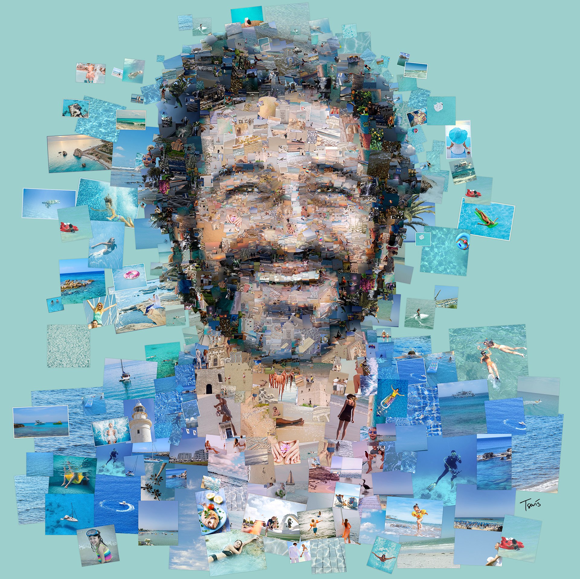 Happy man mosaic of Cyprus island photos. Airline advertising.