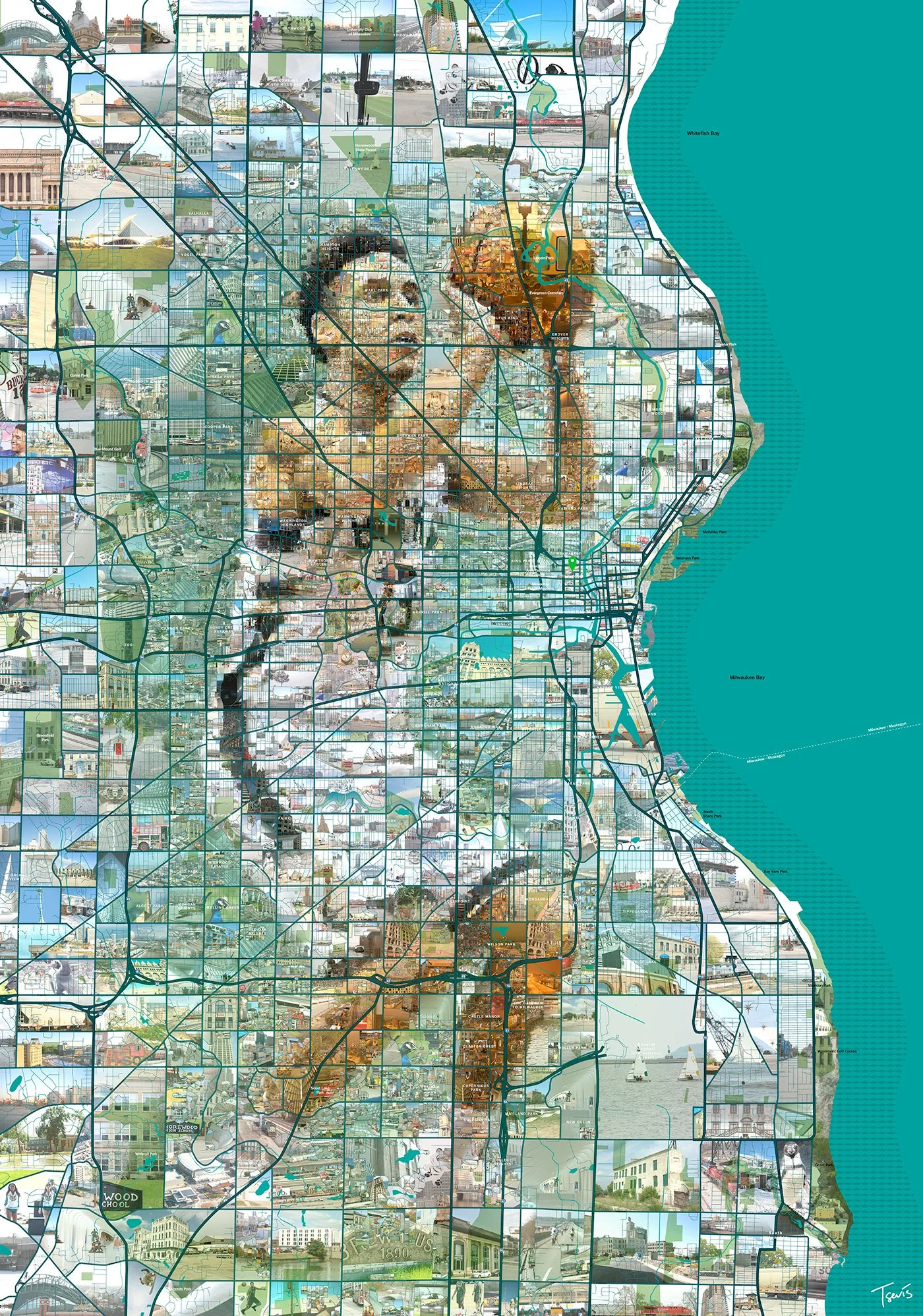 Malcolm Brogdon portrait, map-mosaic of Bucks guard. Milwaukee geography as structural foundation.