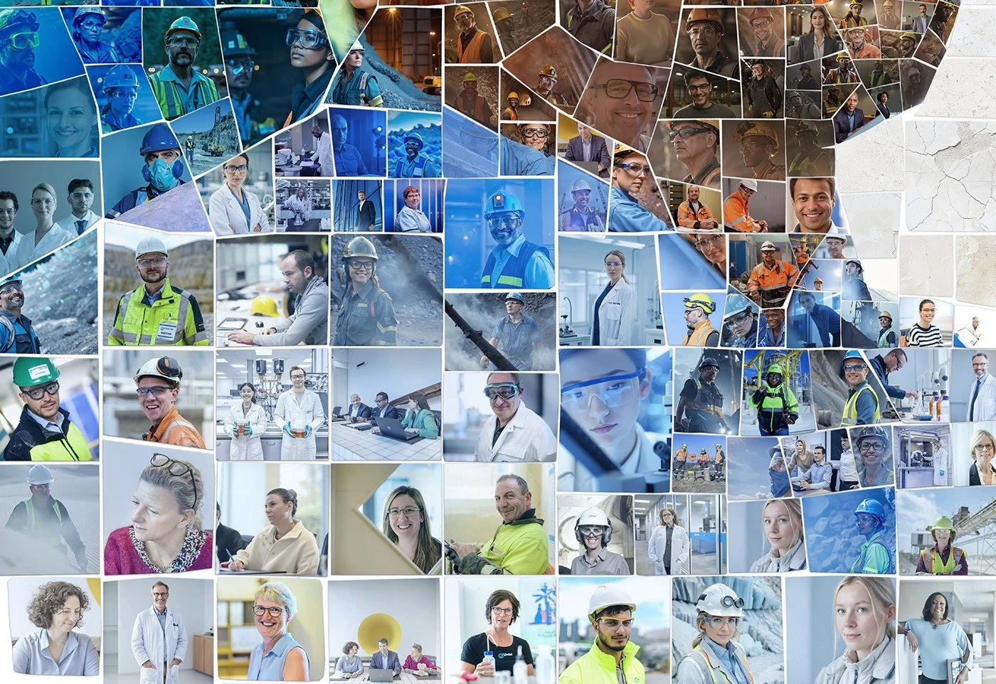 Close-up detail of a Lhoist photomosaic portrait showing the employee photos used as tiles