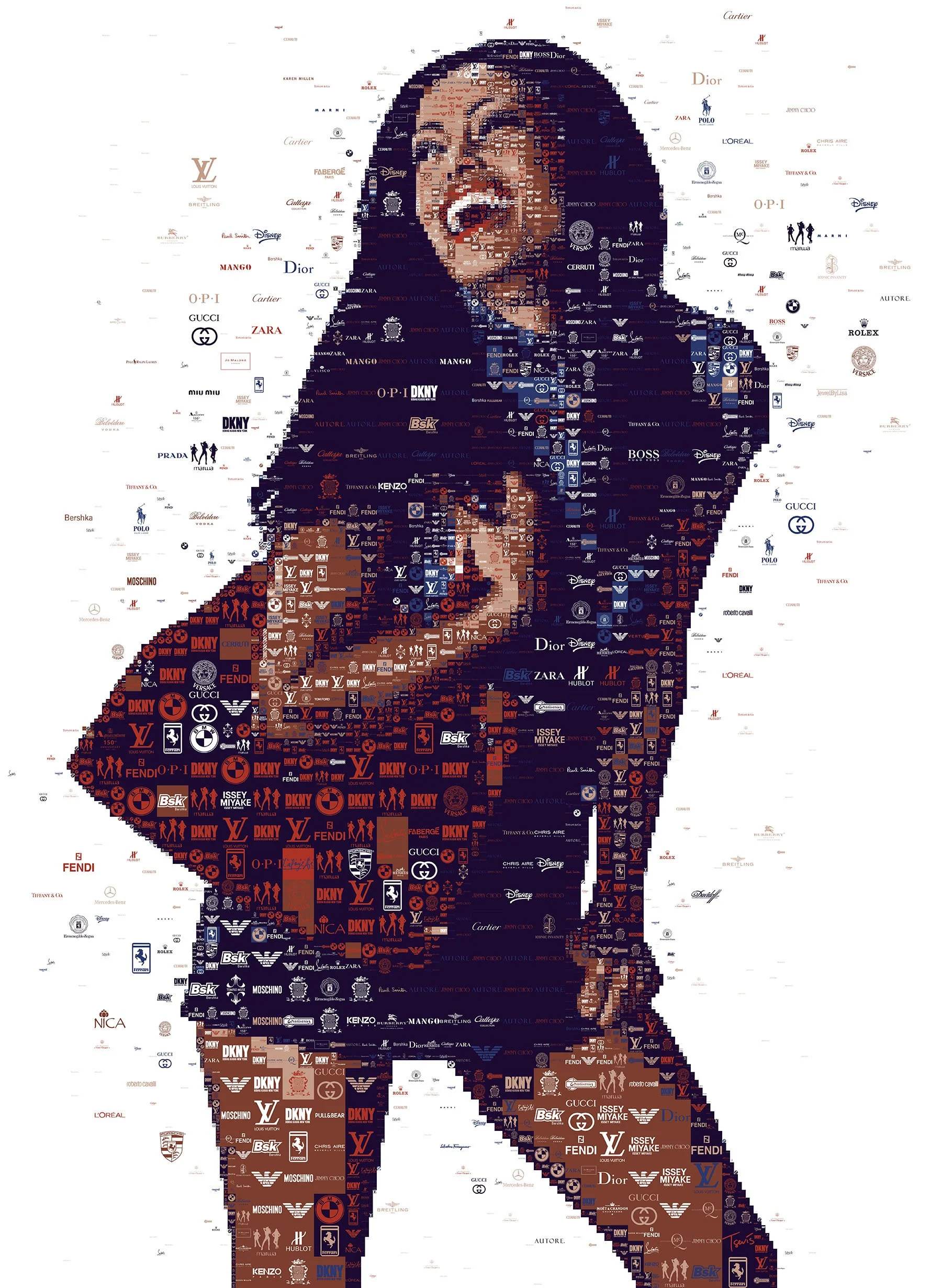 African girl luxury mosaic – Gucci, Prada, Louis Vuitton logos as colorful tesserae.