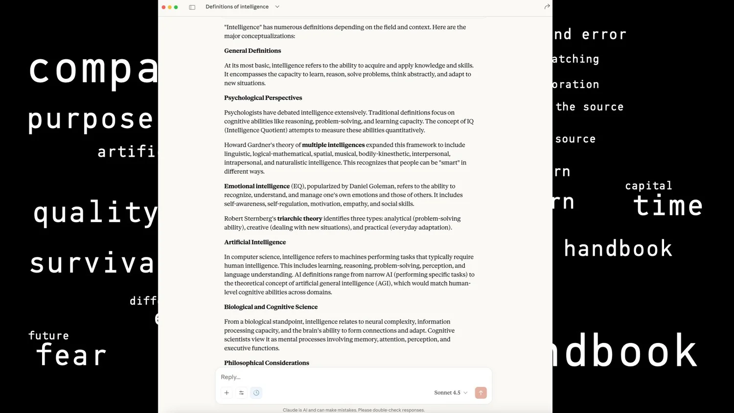 Screenshot of an AI chat listing definitions of intelligence, beside the words compass and handbook