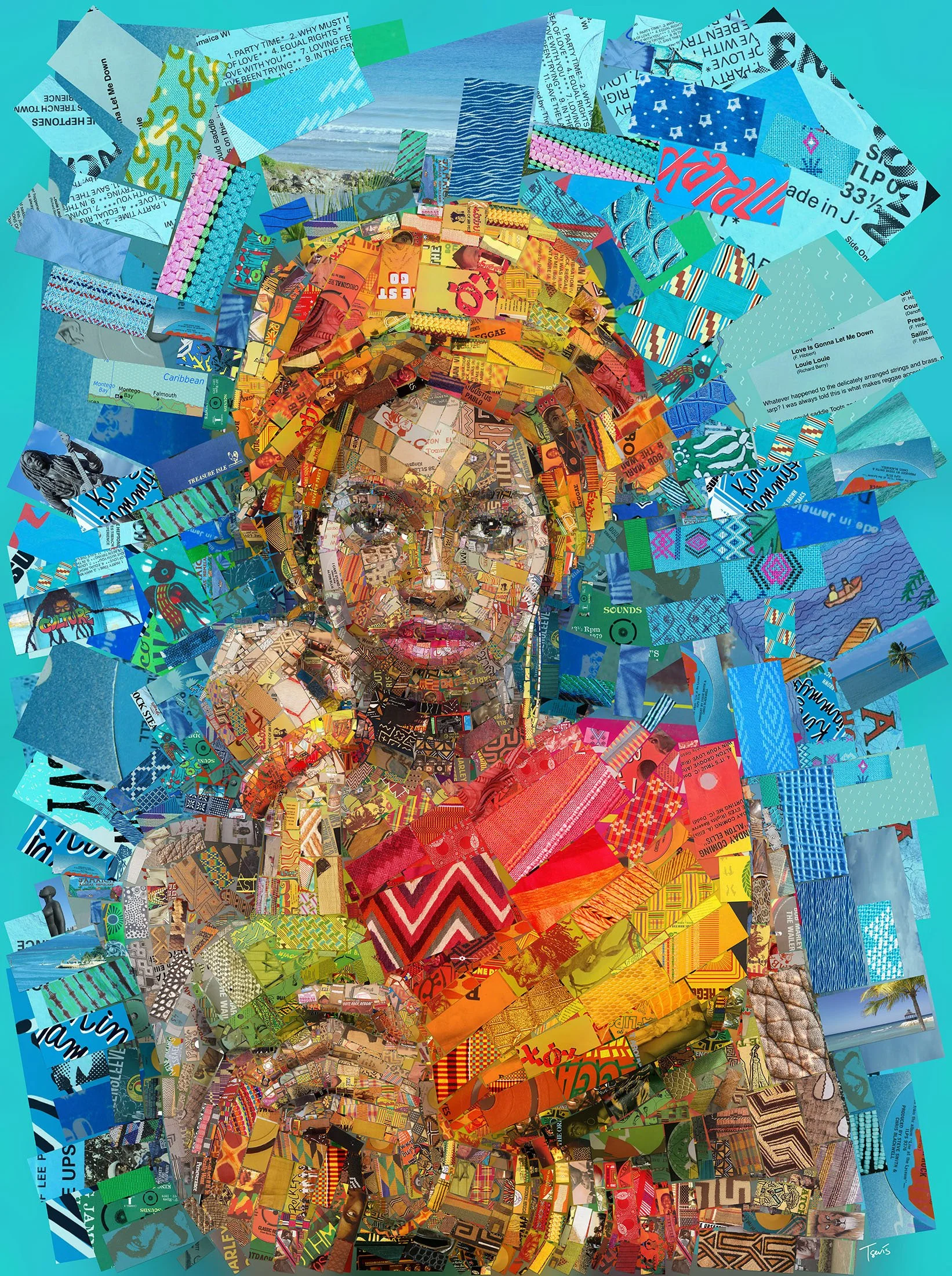 African girl mosaic from reggae vinyl – Bob Marley and dub record labels as tesserae.
