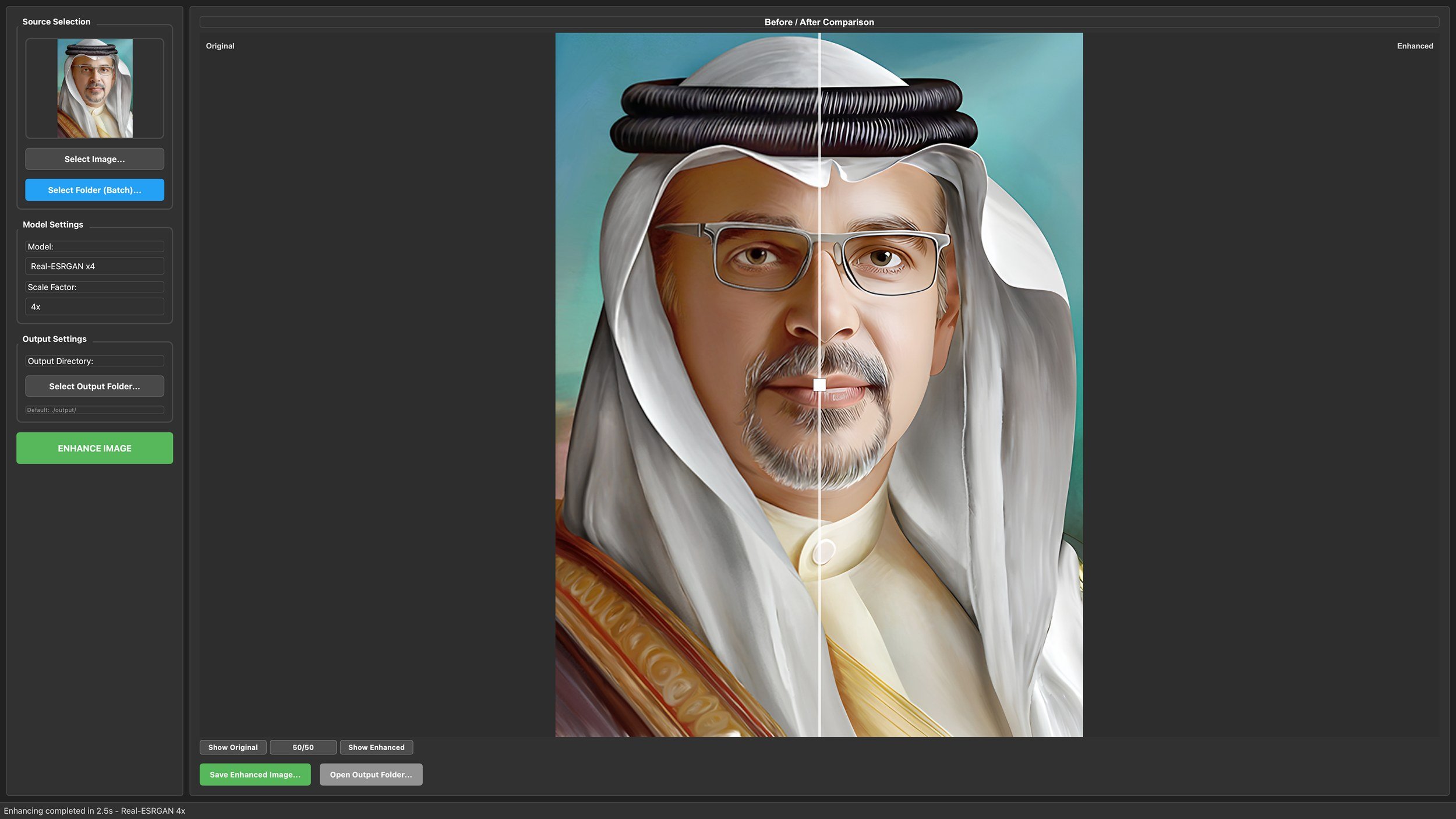 Image upscaler window showing a before-and-after slider over the portrait of a man in glasses with a white headdress