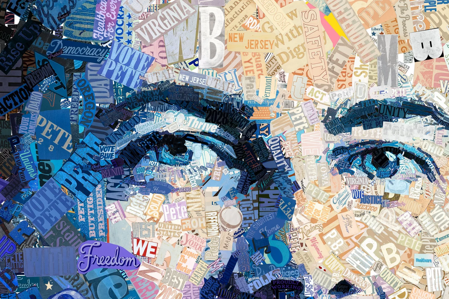 Close-up of the eyes in Common Ground, made of pieces reading Vote Pete, Freedom, Safety, Grow With Dignity and Unity.