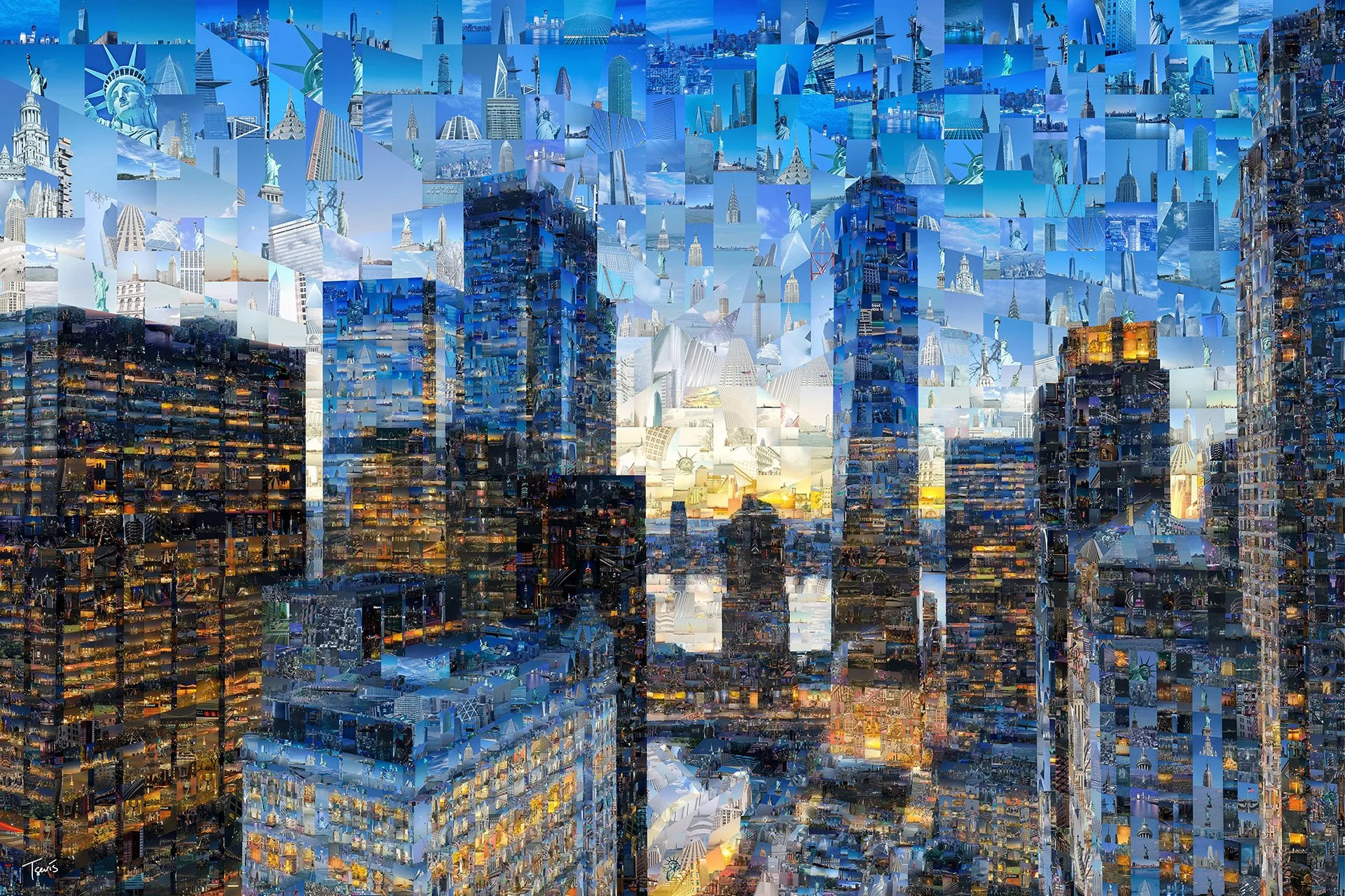One World Trade Centre during sunset, digital mosaic art from photos