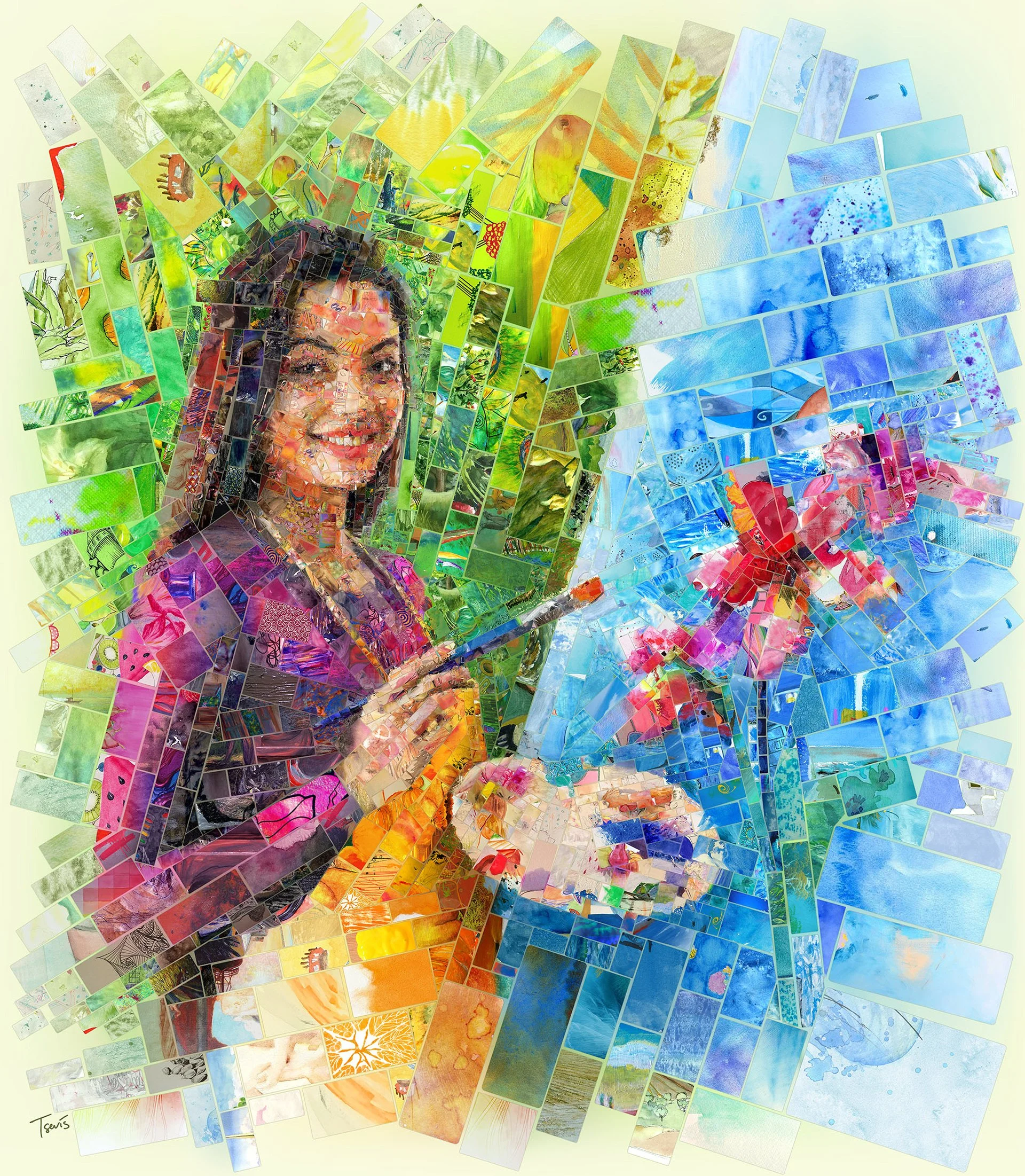 Female painter mosaic – brushstrokes and artwork fragments as tesserae forming her