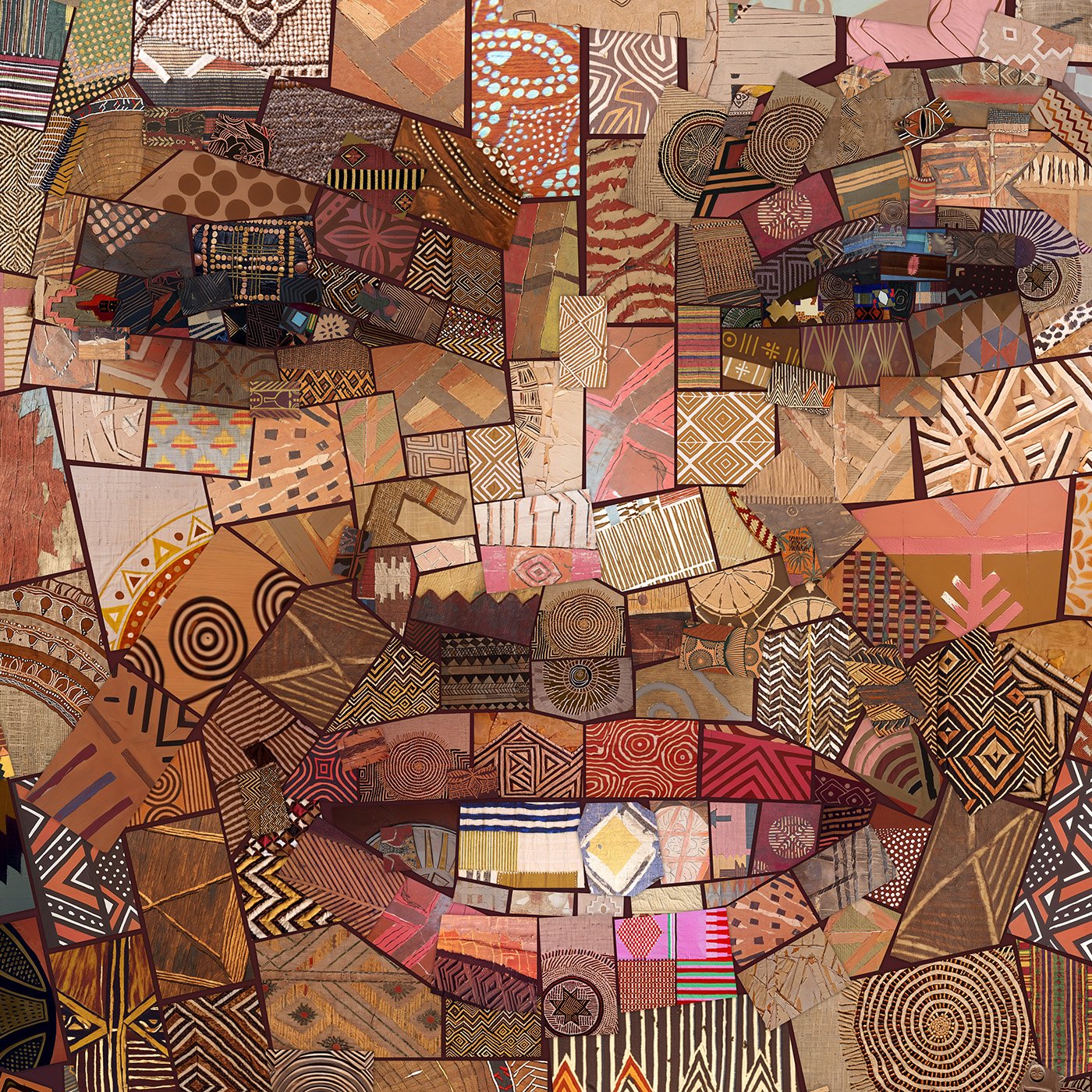  Detail of Nigerian woman's gentle smile in warm textile mosaic patterns - birthday gift portrait for Dotun Popoola's wife. 