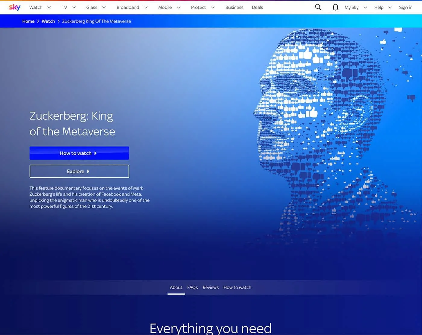  A screenshot of the Sky TV website featuring the documentary Zuckerberg: King of the Metaverse . The page highlights a futuristic digital mosaic of Mark Zuckerberg formed by repeating thumbs-up symbols, along with interactive buttons like &amp;quot;