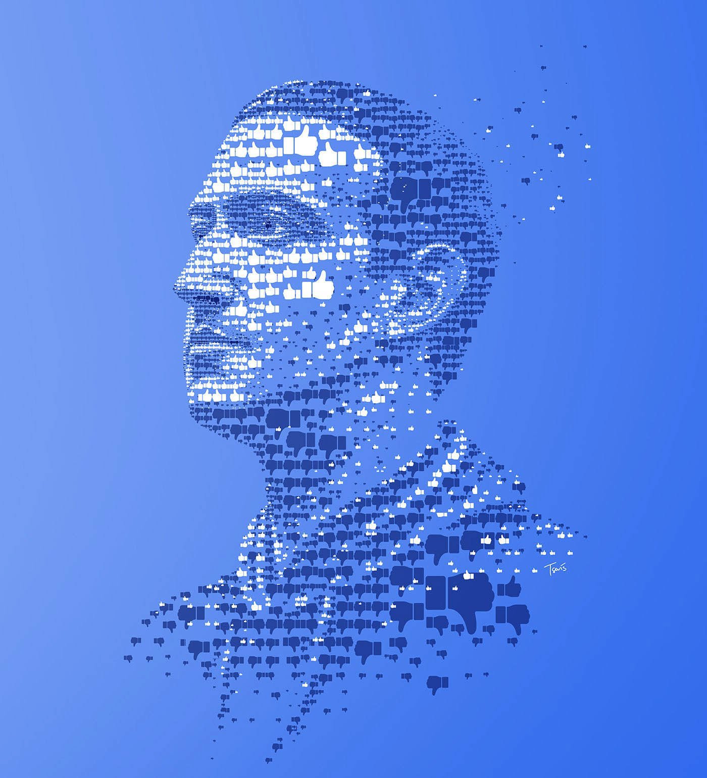  A digital mosaic portrait of Mark Zuckerberg, founder of Facebook, created from numerous white thumbs-up icons on a blue background. 