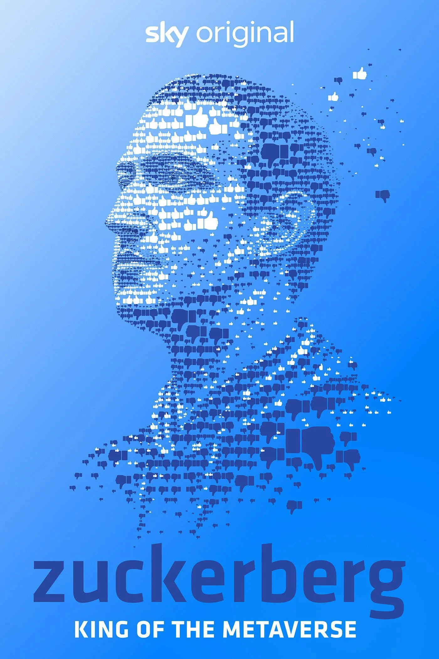  The movie poster for Zuckerberg: The King of Metaverse showcases a futuristic digital mosaic of Mark Zuckerberg, formed from repeating thumbs-up symbols, set against a vibrant blue backdrop that highlights his role as a key figure in the metaverse. 