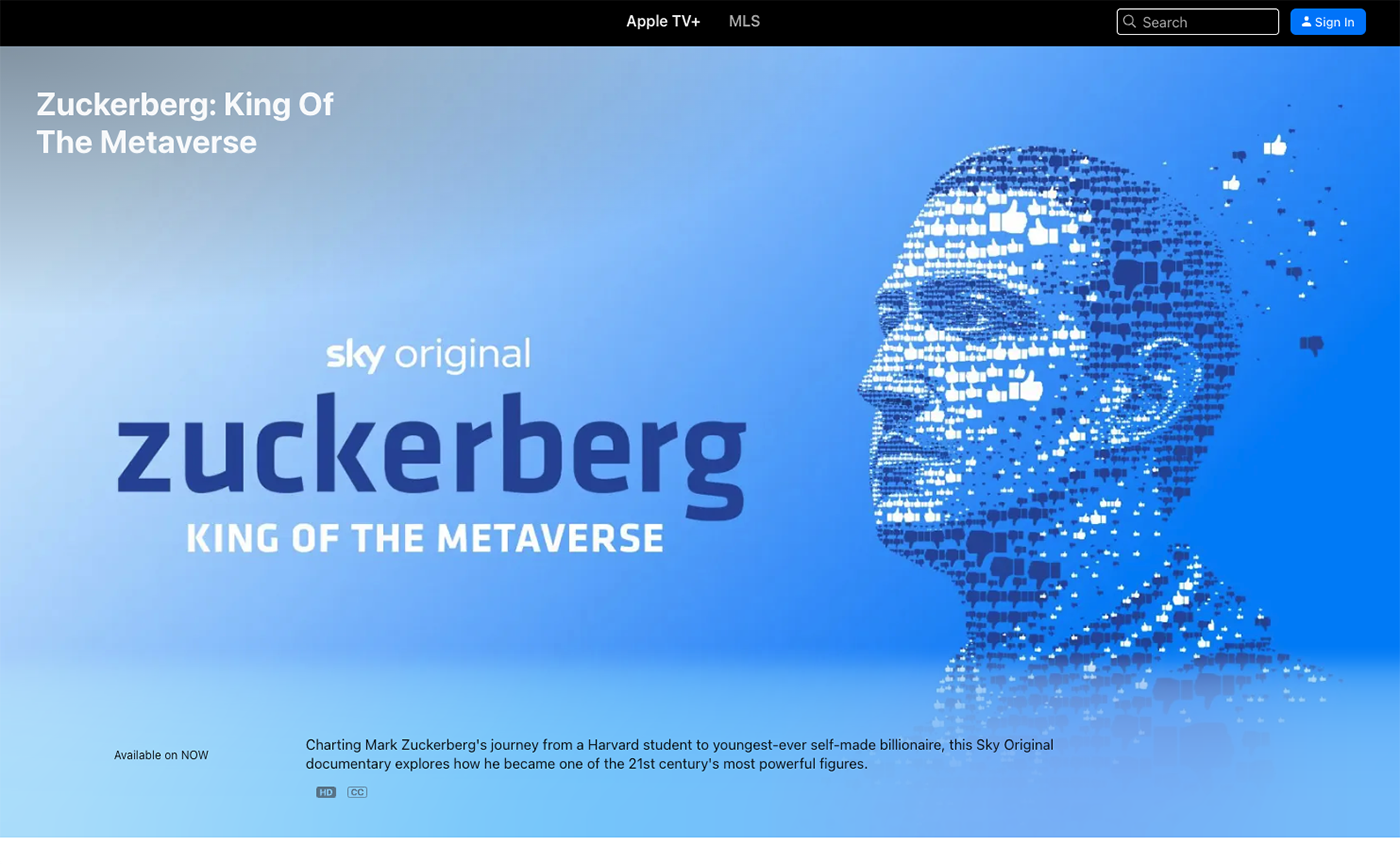  The Apple TV homepage for the documentary Zuckerberg: King of the Metaverse features a striking digital mosaic of Mark Zuckerberg composed of social media approval icons. The page includes navigation options such as &amp;quot;How to watch,&amp;quot;