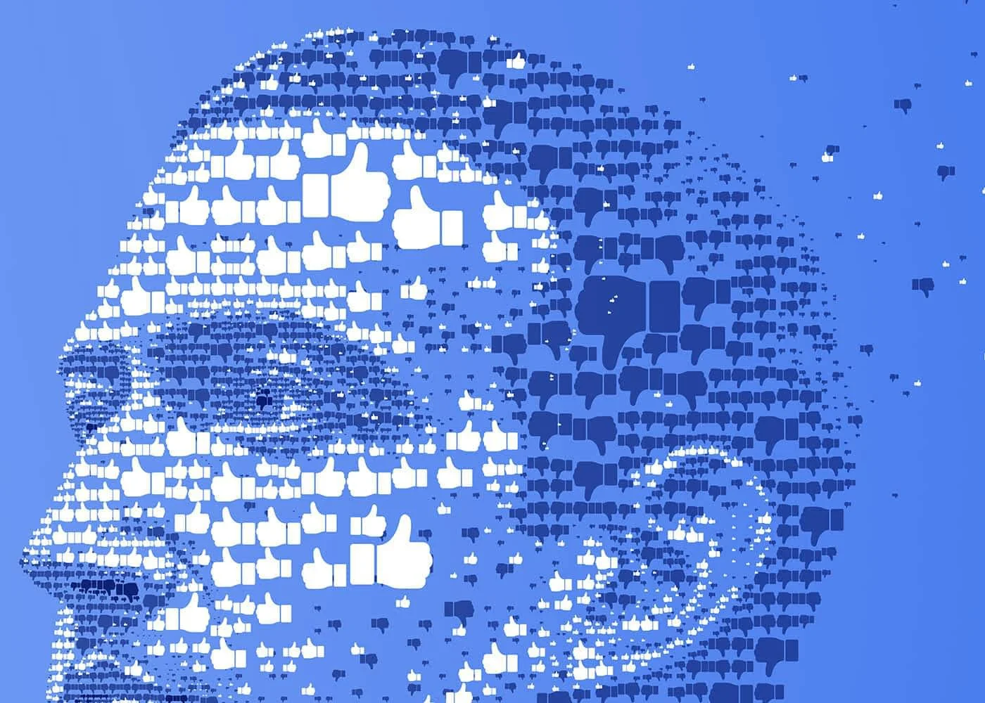  Detail of Mark Zuckerberg's face depicted in a stylized digital mosaic using repeated thumbs-up symbols against a vibrant blue backdrop. 