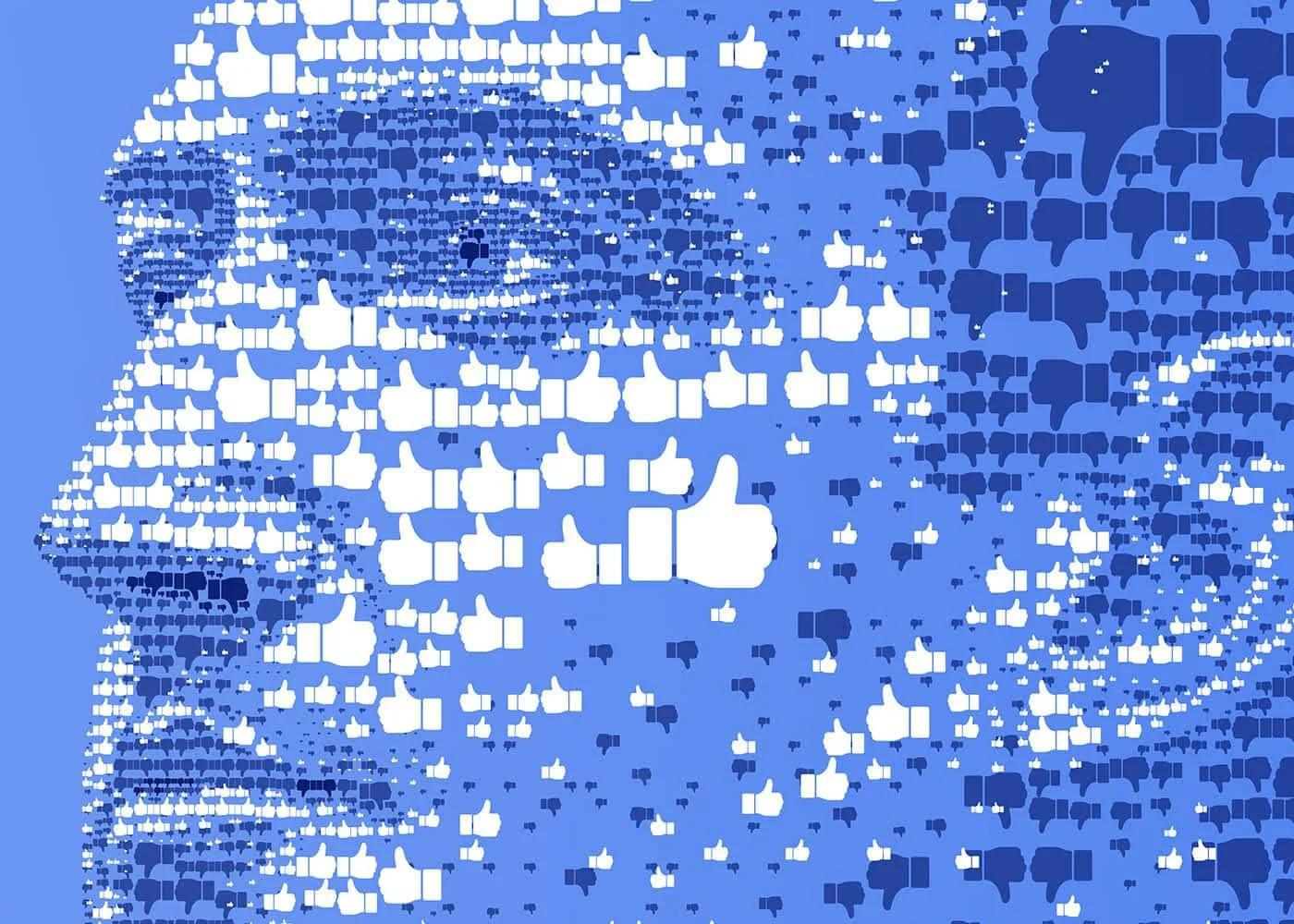  Detail of Mark Zuckerberg's face depicted in a stylized digital mosaic using repeated thumbs-up symbols against a vibrant blue backdrop. 