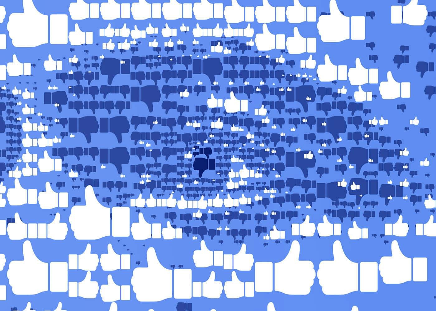  Detail of Mark Zuckerberg's face depicted in a stylized digital mosaic using repeated thumbs-up symbols against a vibrant blue backdrop. 
