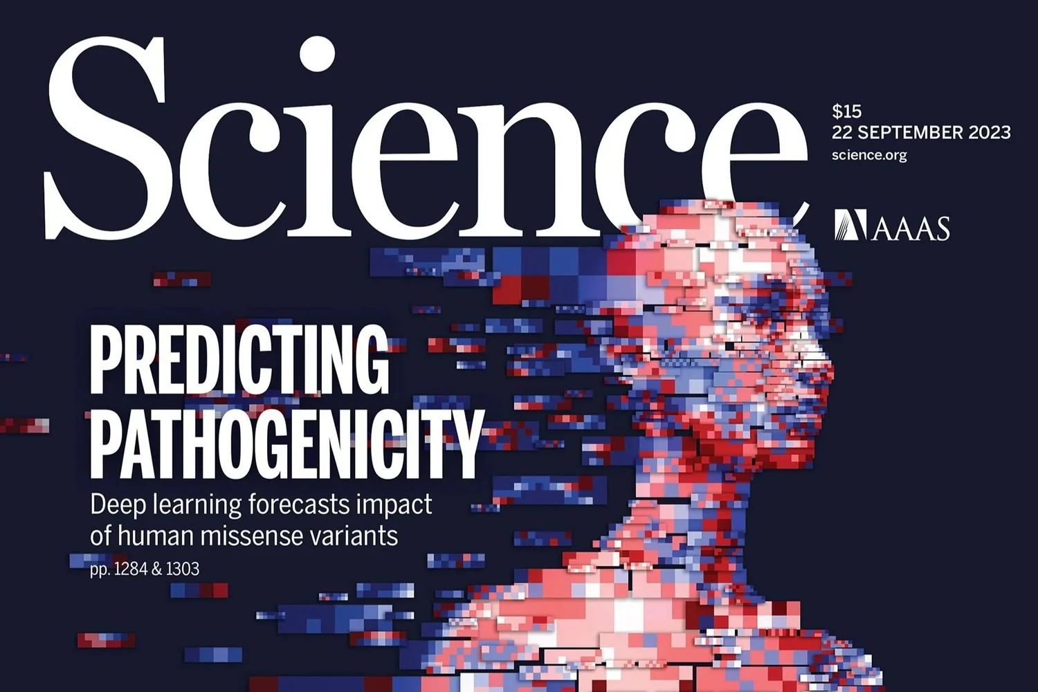 Science magazine cover, 22 September 2023: a head and shoulders built from red, white and blue rectangular tiles that dissolve into the dark, illustrating deep learning that predicts the effect of human missense variants