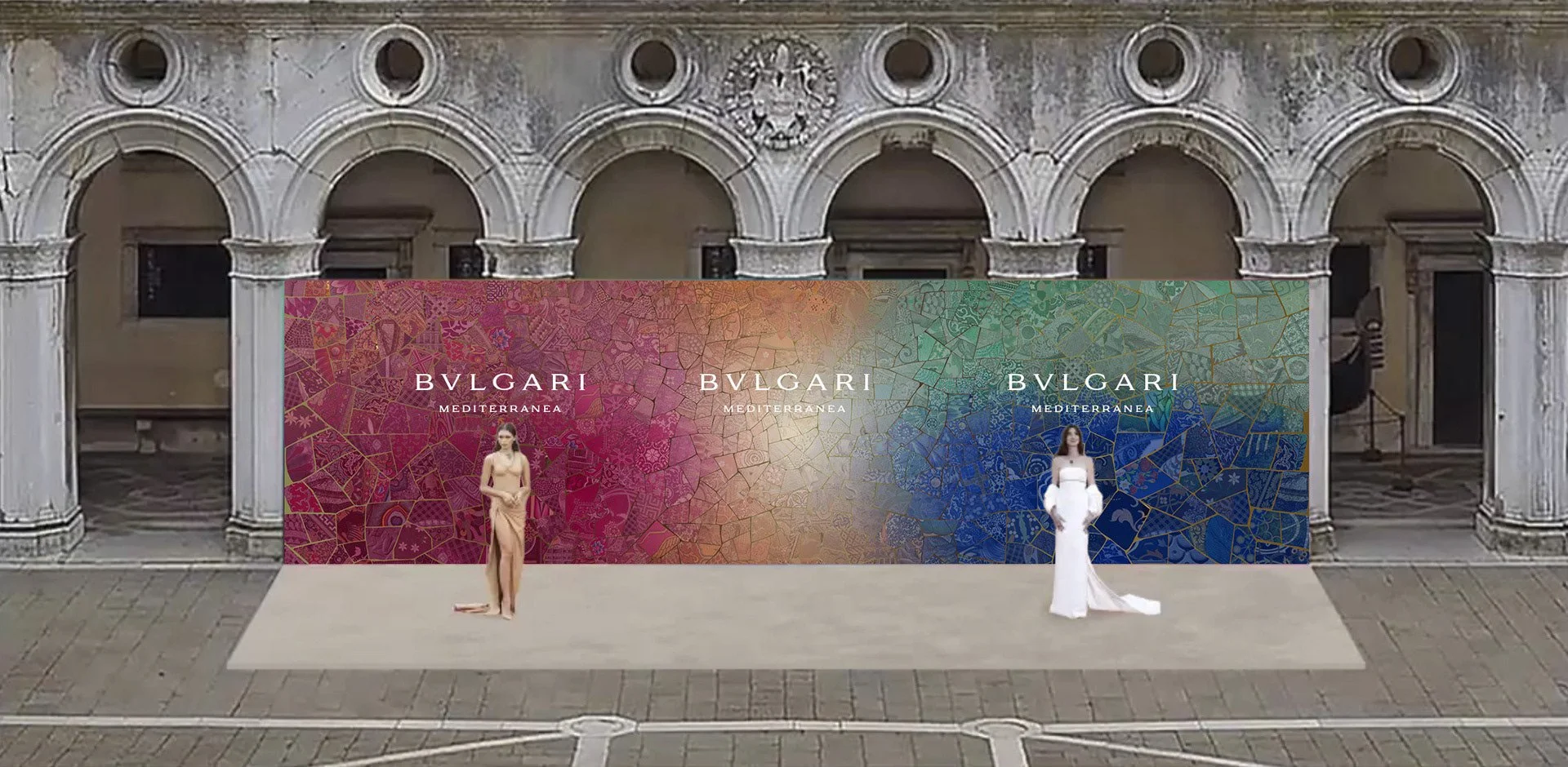 Venice luxury show for Bvlgari jewelry collection, mosaic mural