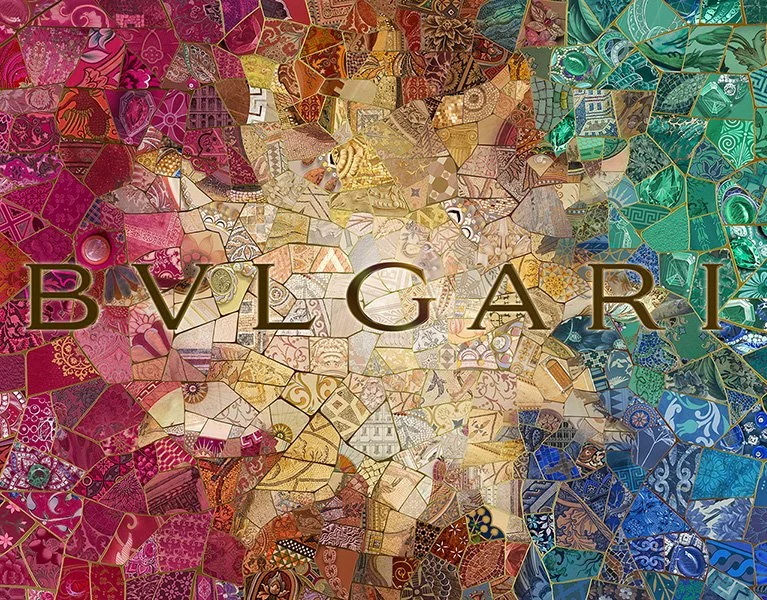 Mosaic of Mediterranean ornament in warm gold, red and green for the Bulgari Mediterranea collection