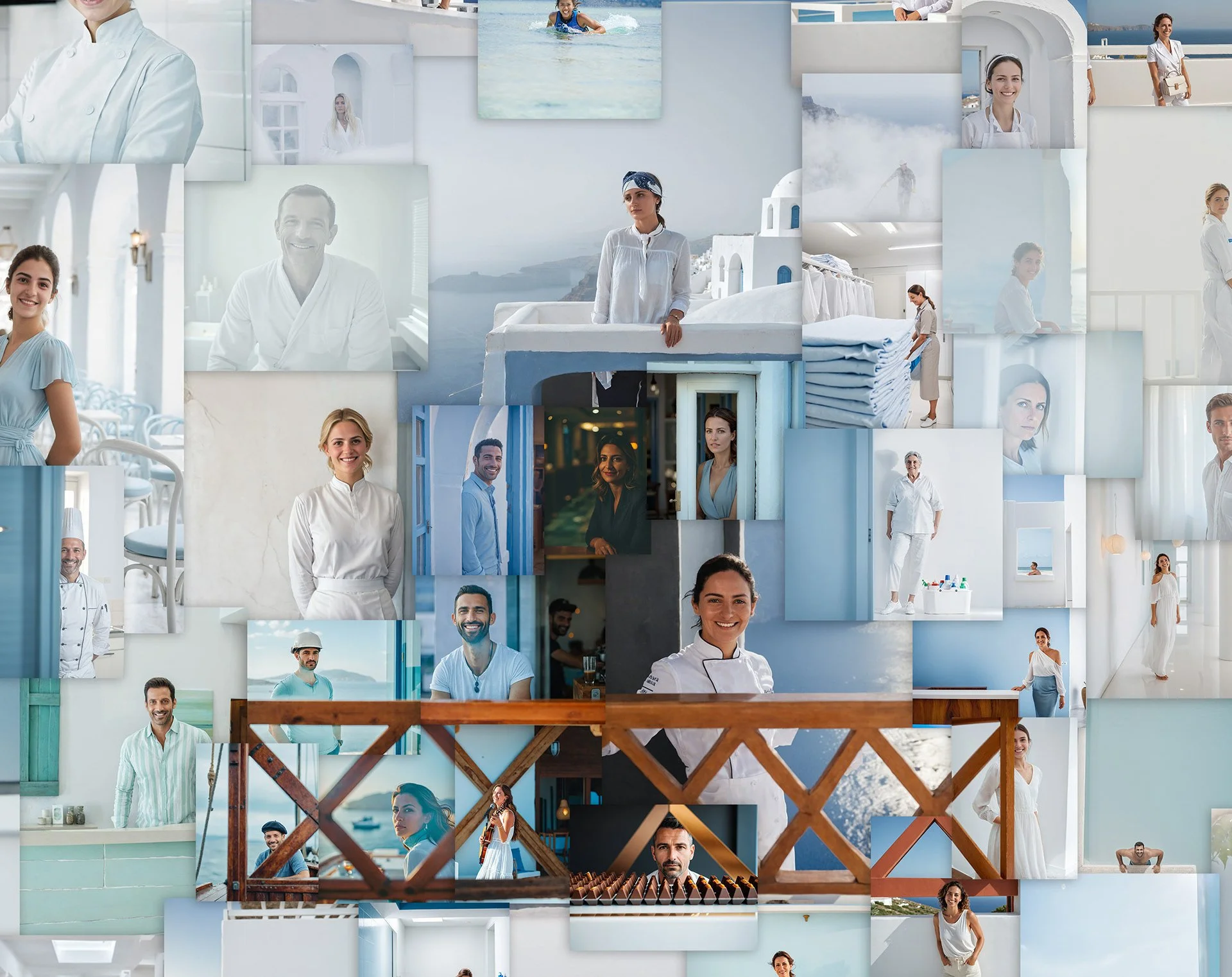   Close-up perspective of the hospitality sector mosaic highlighting tourism workers against authentic Greek island architecture, with the wooden balcony serving as a focal point representing traditional Mediterranean craftsmanship.  