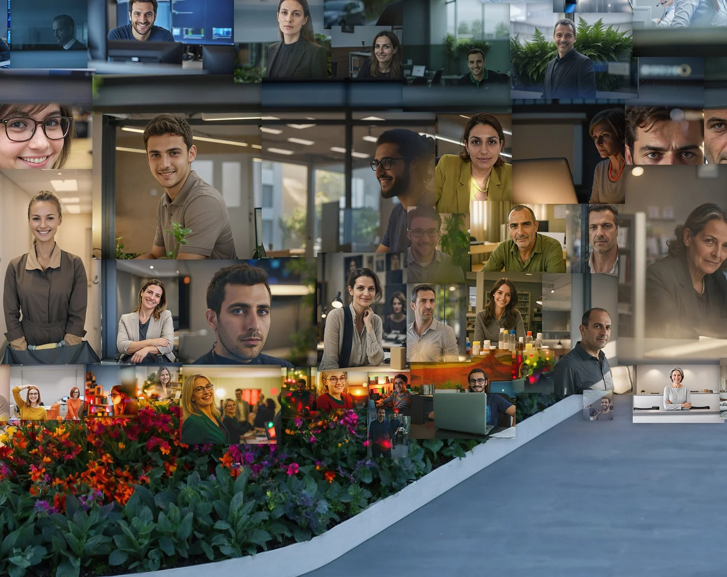 Greek employees in a bright office, portraits in a mosaic for the Eurobank campaign